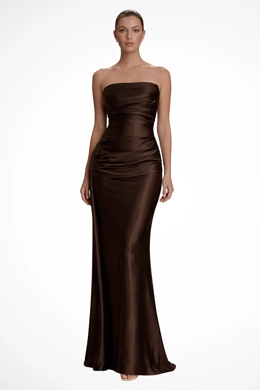 Serena | Women Strapless Ruched Satin Maxi Wedding Guest Dress TARHUS