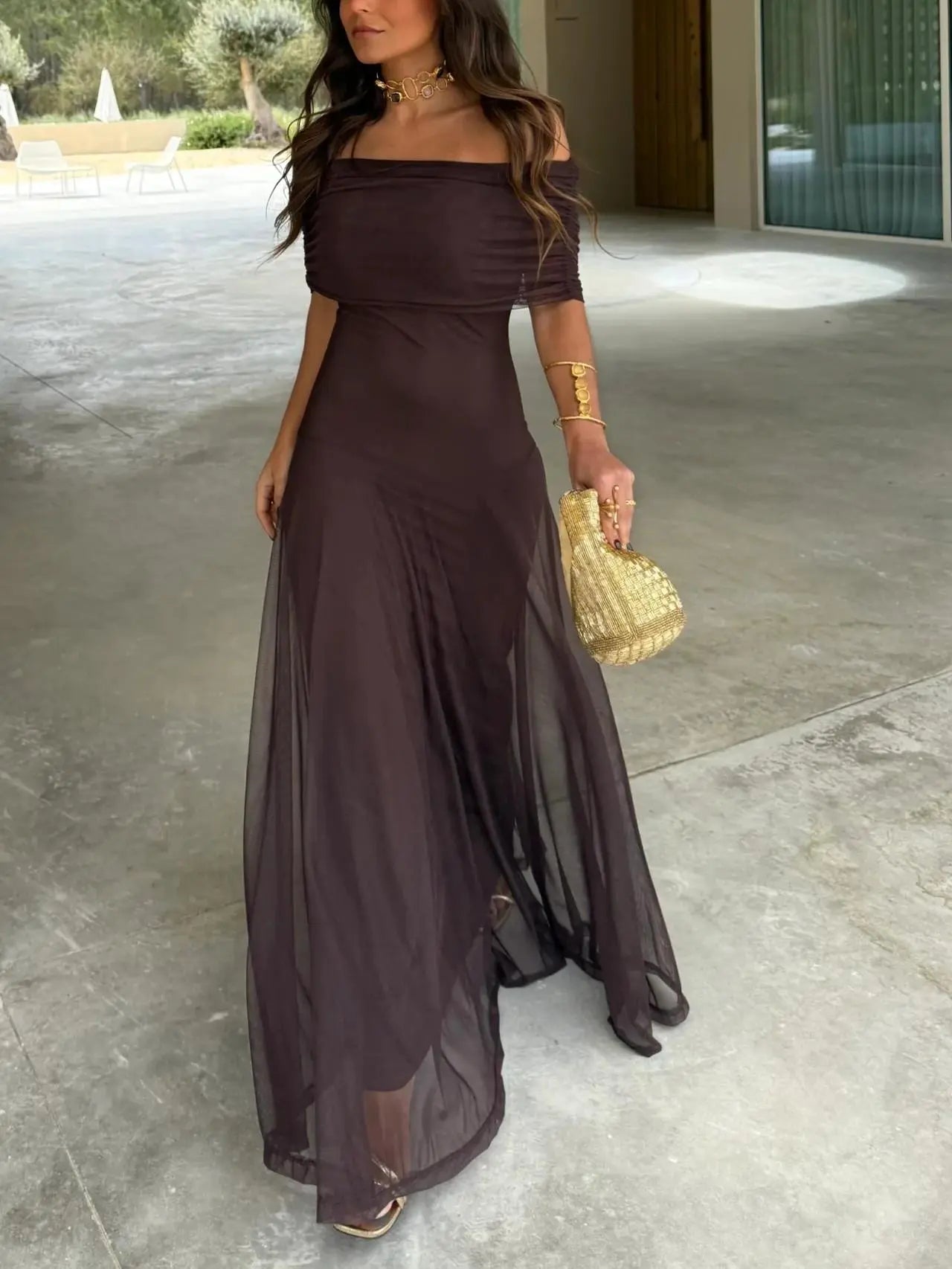 Off-Shoulder Maxi Dress with Chiffon Overlay for Women TARHUS  SS - Womens - Dresses