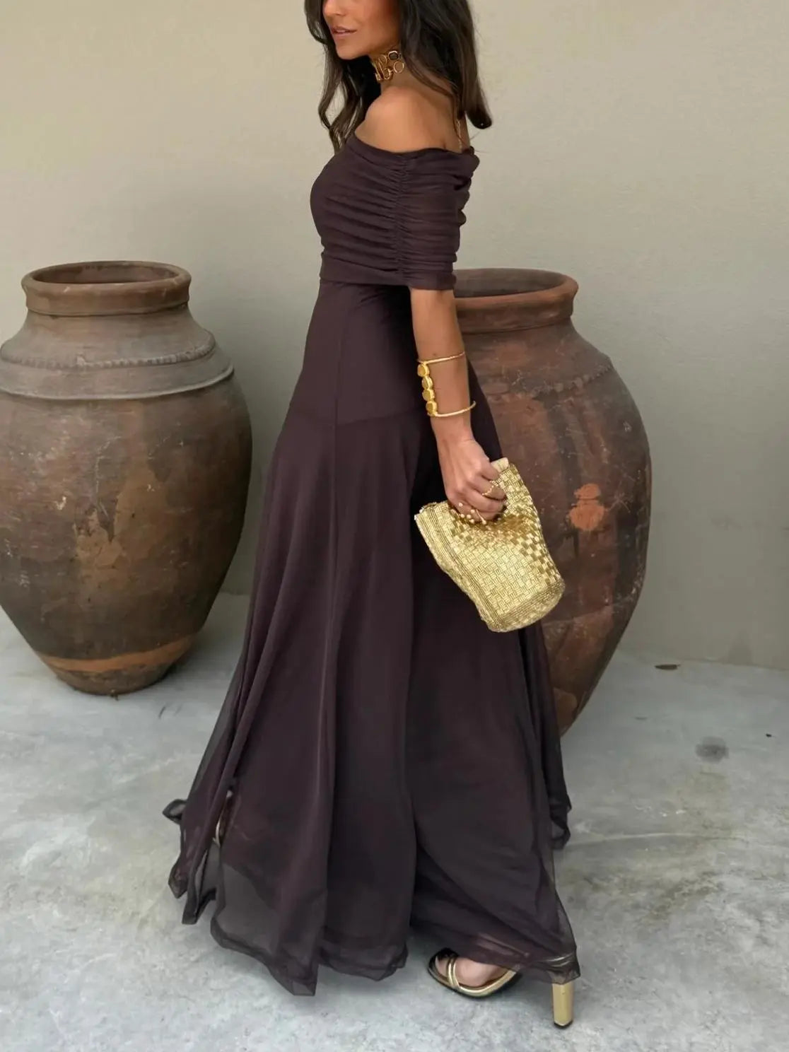 Off-Shoulder Maxi Dress with Chiffon Overlay for Women TARHUS  SS - Womens - Dresses