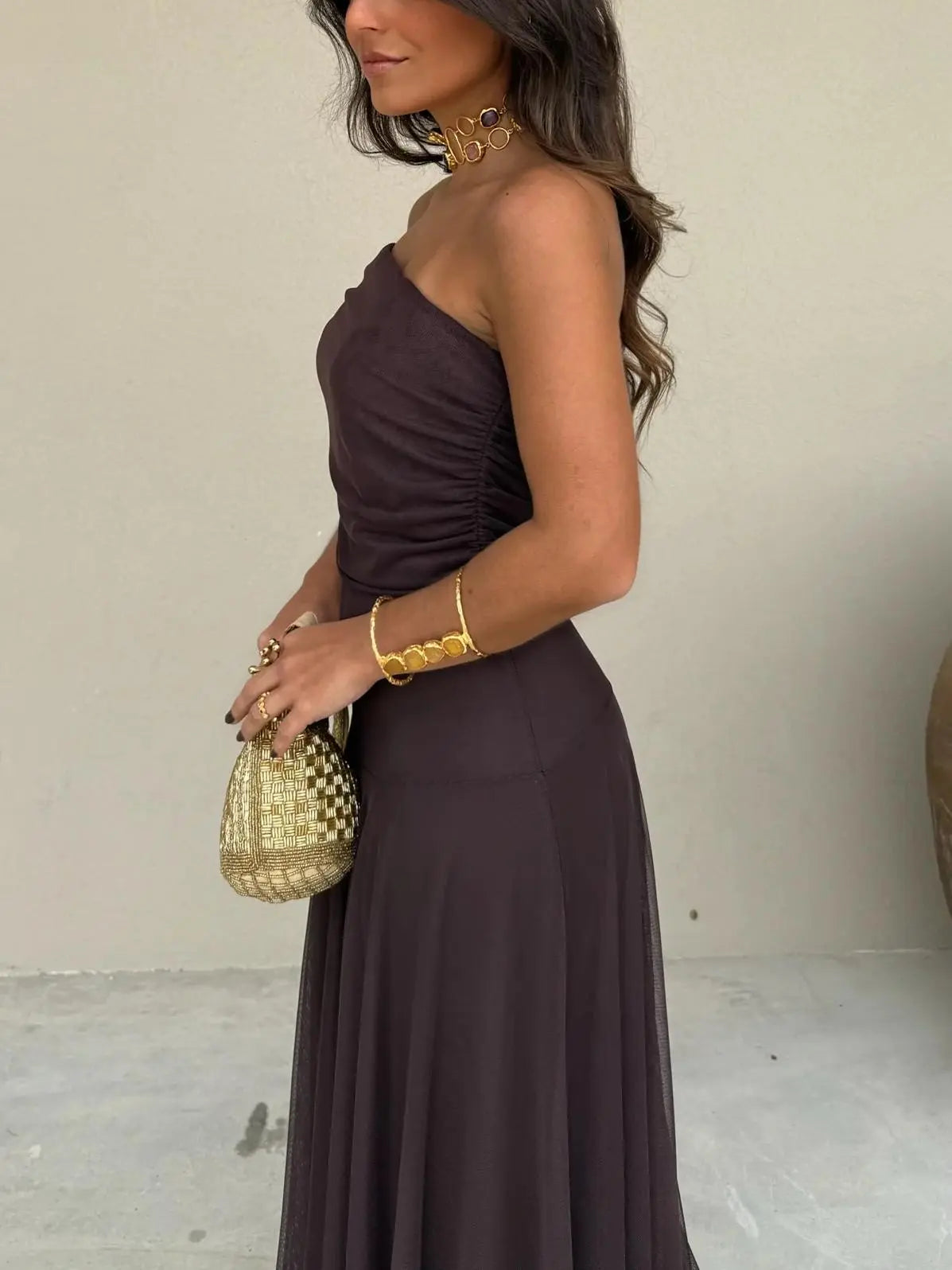 Off-Shoulder Maxi Dress with Chiffon Overlay for Women TARHUS  SS - Womens - Dresses
