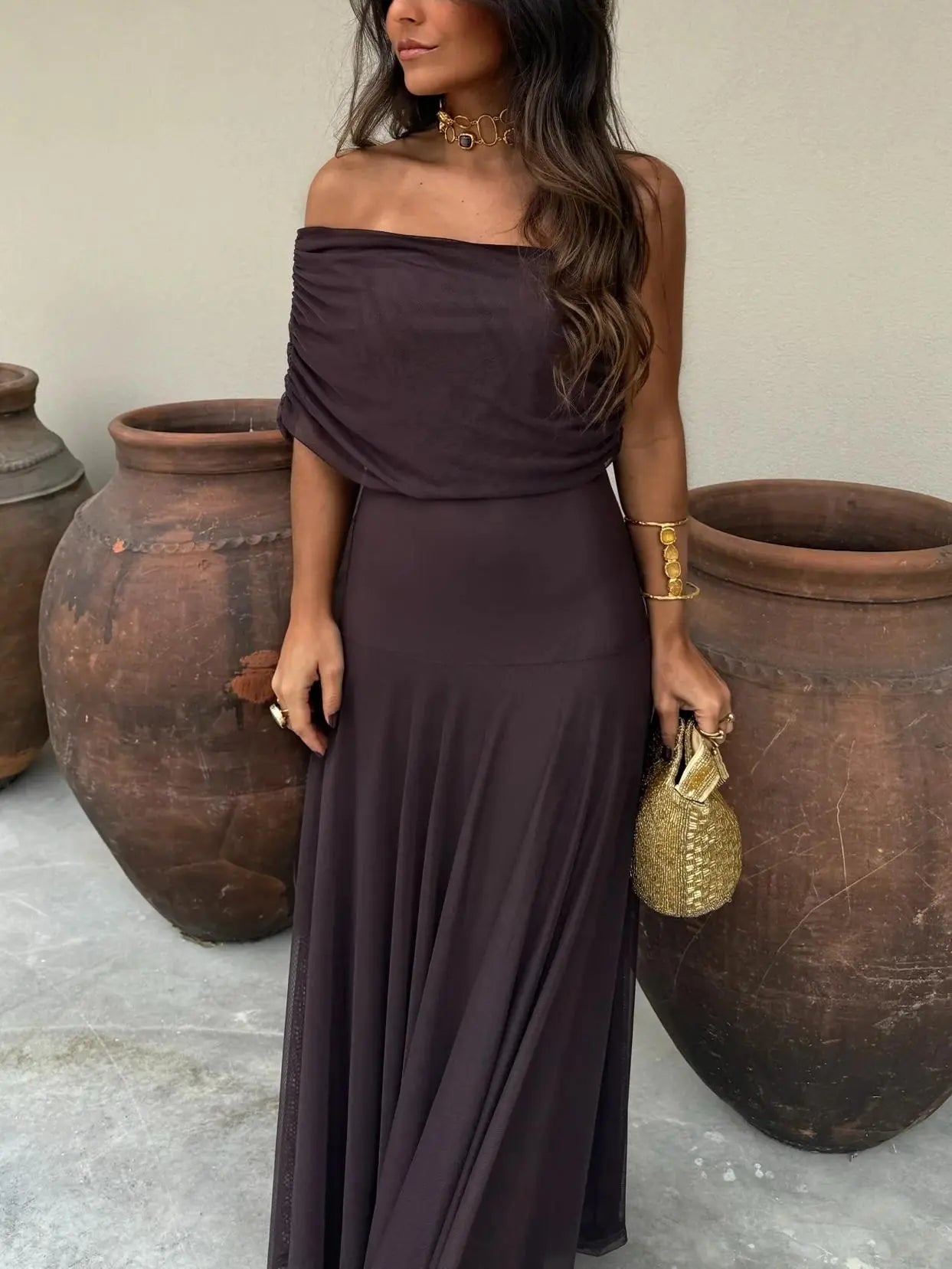 Off-Shoulder Maxi Dress with Chiffon Overlay for Women TARHUS  SS - Womens - Dresses