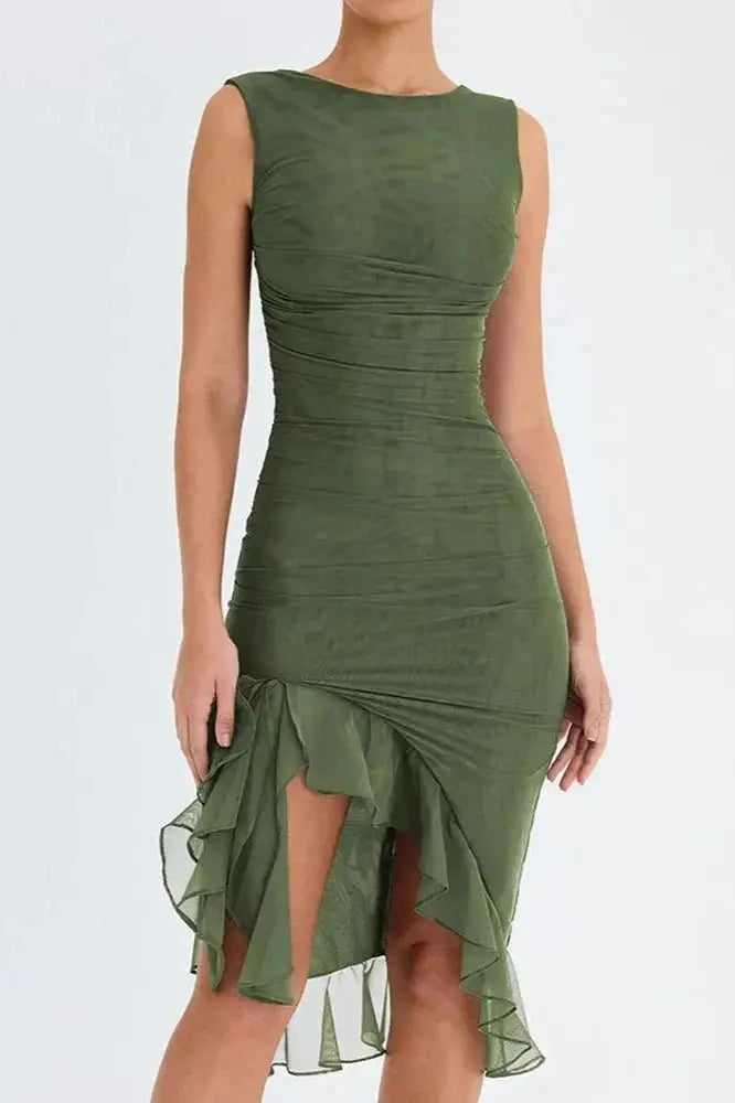Aurevia | Women Ruched Sleeveless Midi Wedding Guest Dress TARHUS  Dresses