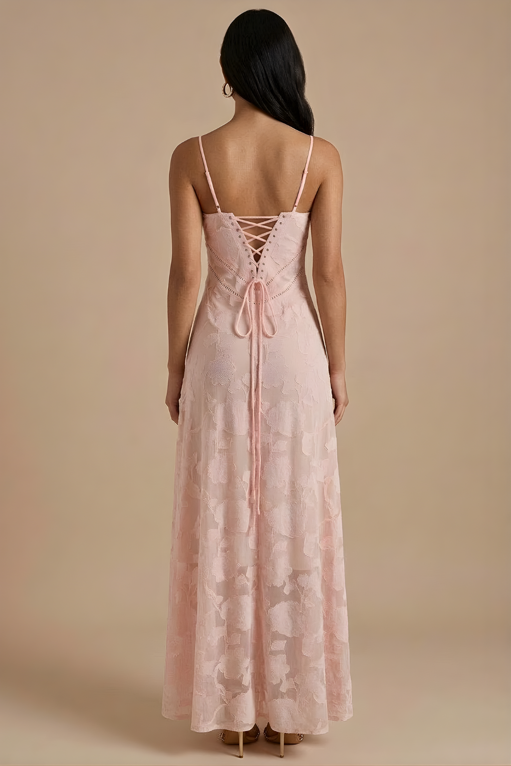 Women's Spaghetti Strap Lace Maxi Dress with Corset Lace-Up Back TARHUS  Maxi Dresses