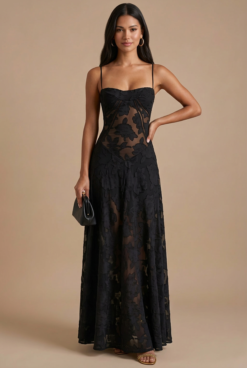 Women's Spaghetti Strap Lace Maxi Dress with Corset Lace-Up Back TARHUS  Maxi Dresses