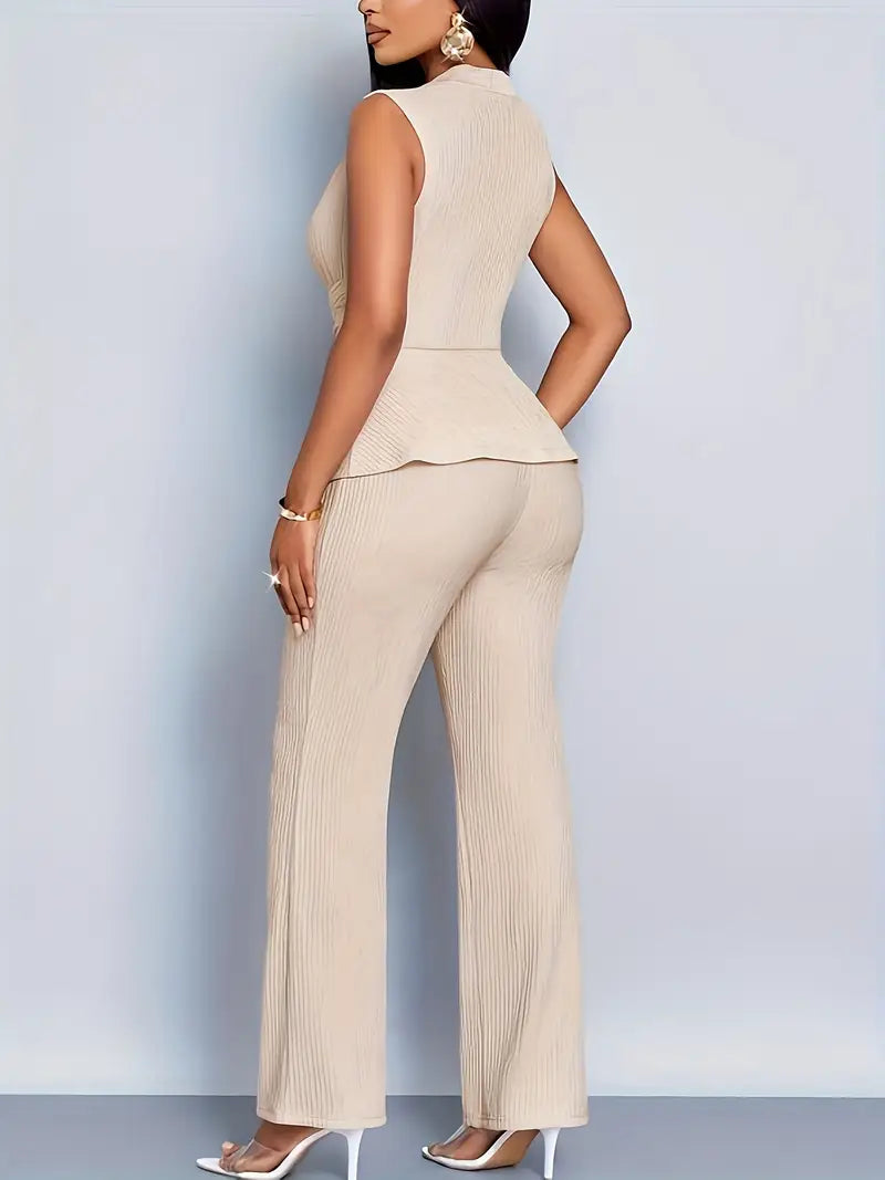Women's Knit V-Neck Sleeveless Peplum Top Wide Leg Pants Set TARHUS  Outfit Sets