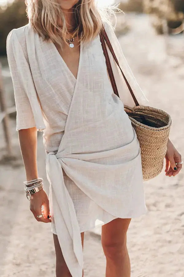 Lowri | Women Wrap Mini Dress with Tie Waist and Short Sleeves TARHUS  Mini Dresses
