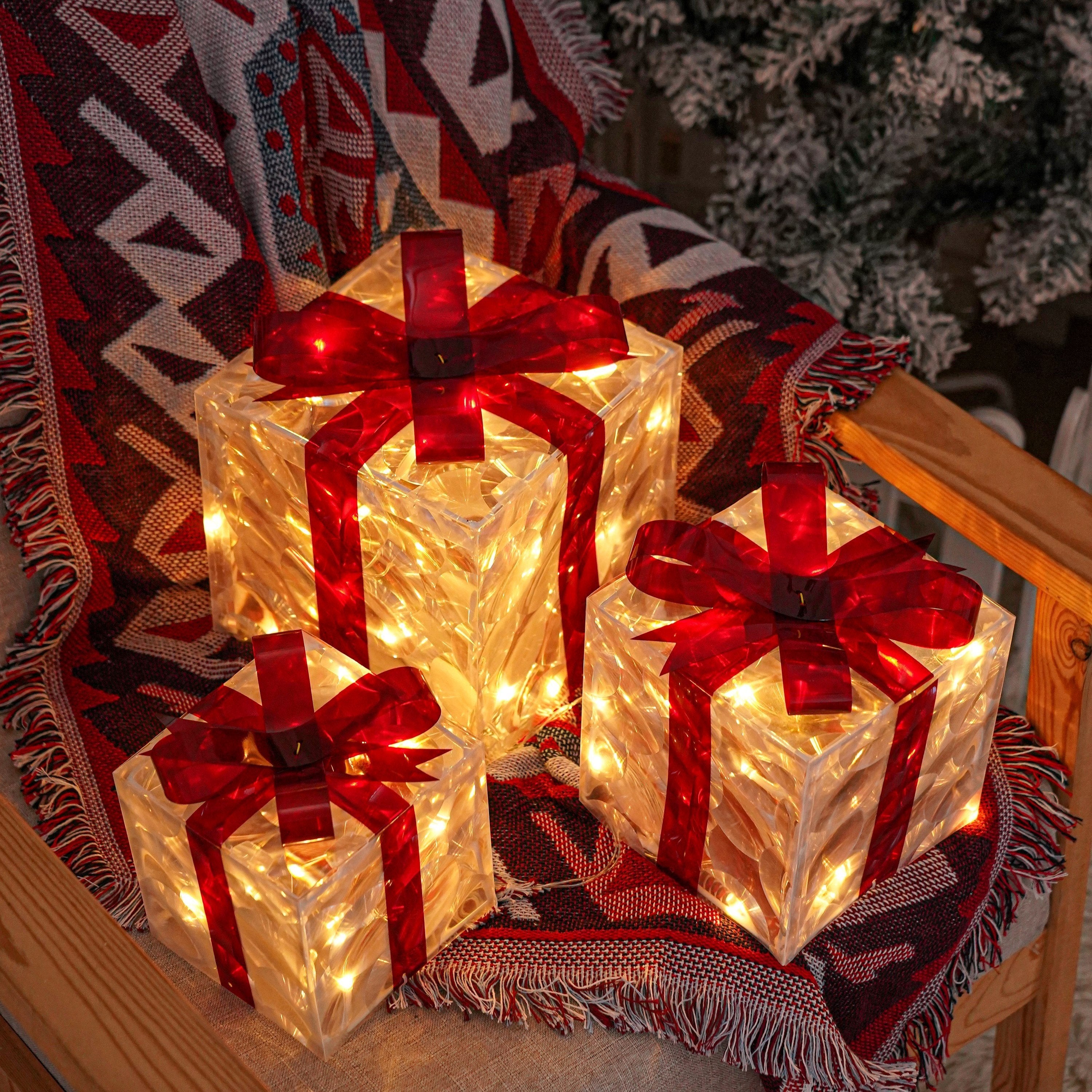 Set of 3 Lighted Christmas Gift Boxes – Warm White LED Presents with Red Bows TARHUS