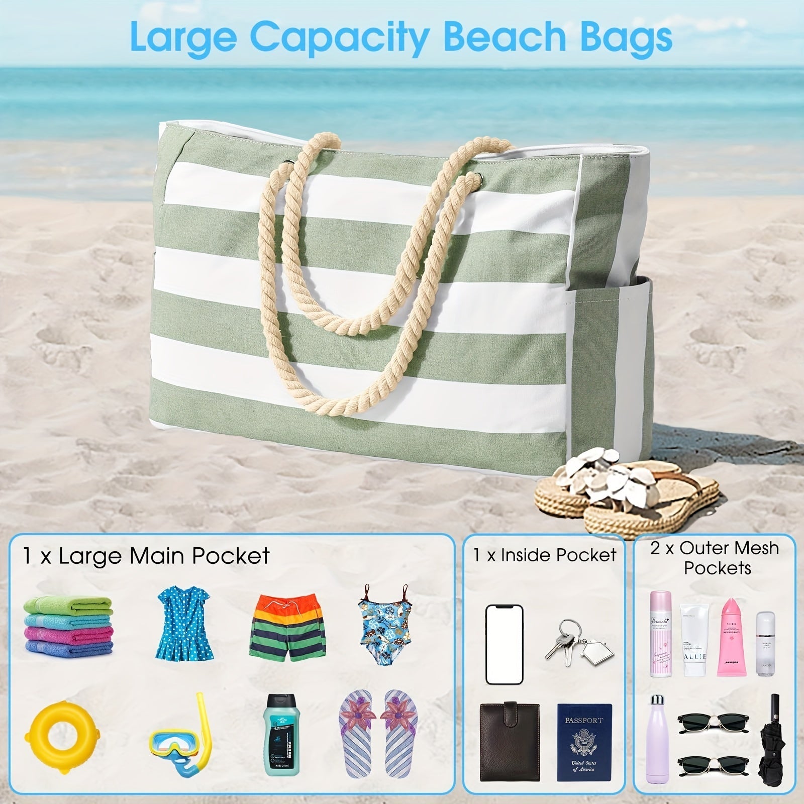 [Striped Beach Tote] Large Striped Canvas Beach Tote Bag with Zipper Closure | 1pc Foldable Shoulder Shopping Bag for Travel & Swimming, Non, Tassel Detail TARHUS