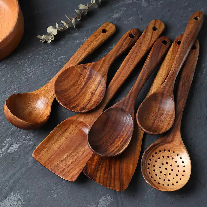 Handmade Teak Utensils Set | 7 Kitchen Tools – Chemical-Free Wood TARHUS  Cooking Utensils