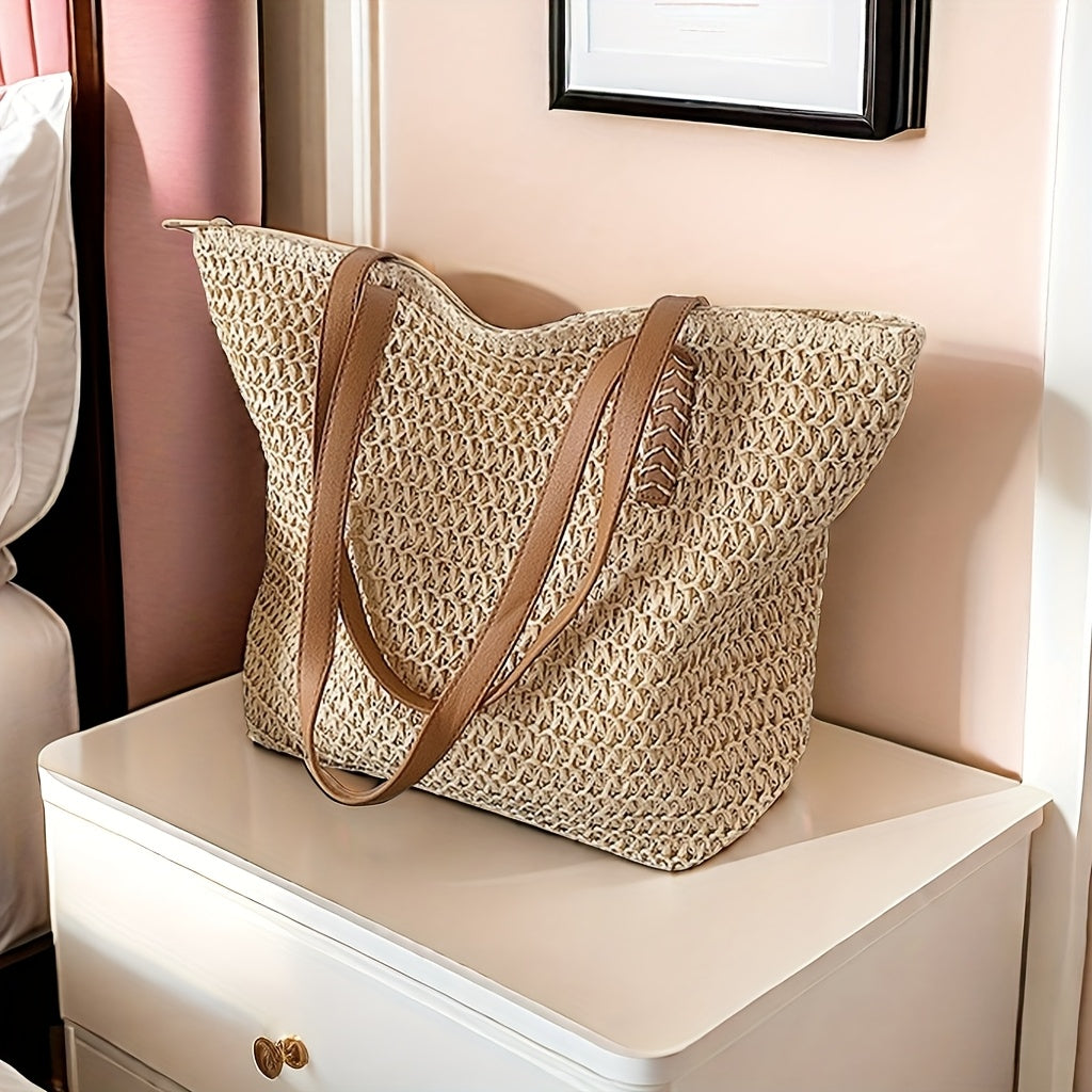 Large-Capacity Woven Handbag - Chic Beige Straw Handbag with Brown Handles, Zipper Closure, And Polyester Lining for Beach, Shopping, And Everyday Use, Beach Bag TARHUS