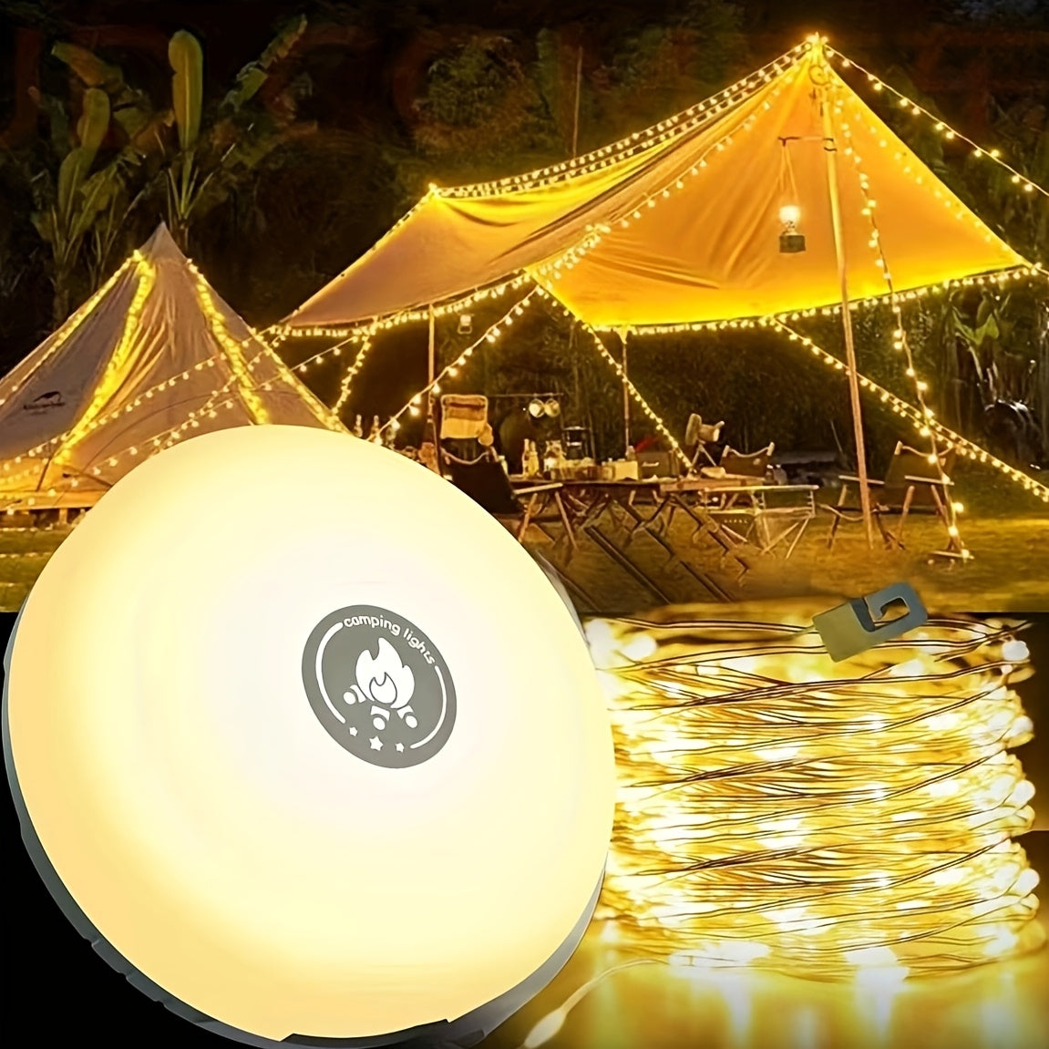 2-in-1 Rechargeable Camping Light String – Waterproof with 5 Light Modes for Outdoor