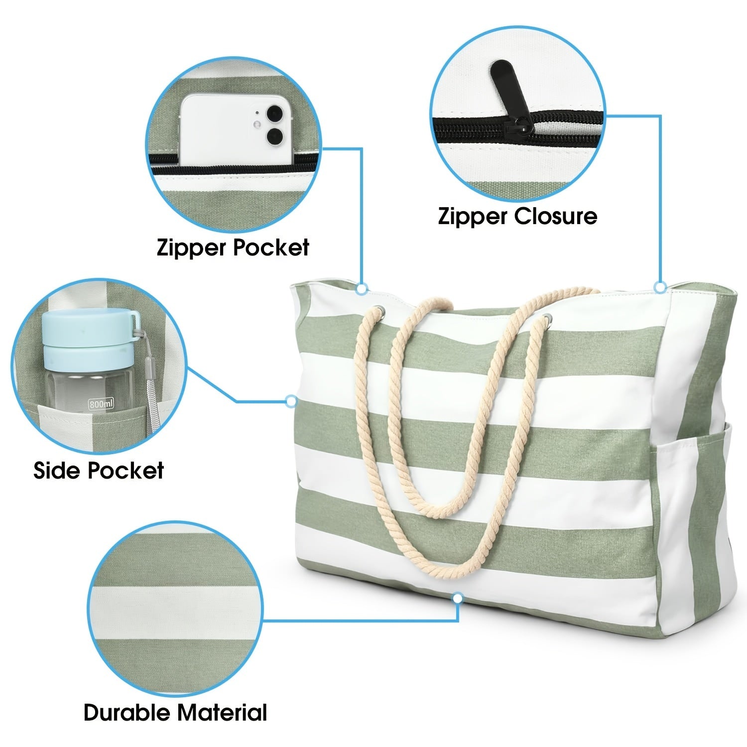 [Striped Beach Tote] Large Striped Canvas Beach Tote Bag with Zipper Closure | 1pc Foldable Shoulder Shopping Bag for Travel & Swimming, Non, Tassel Detail TARHUS