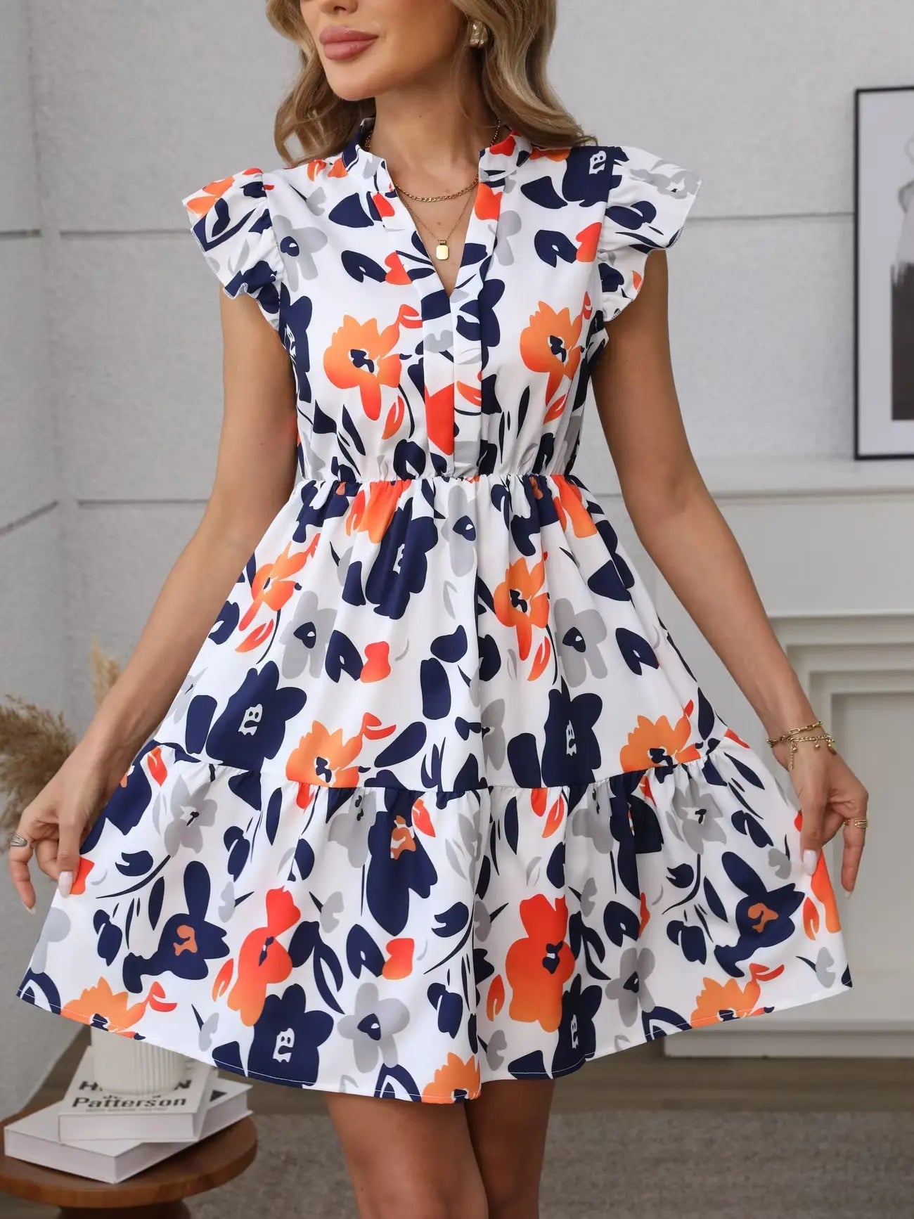 Tiered Mini Floral Dress with V-neck, Flutter Sleeves for Women TARHUS  SS - Womens - Mini Dress