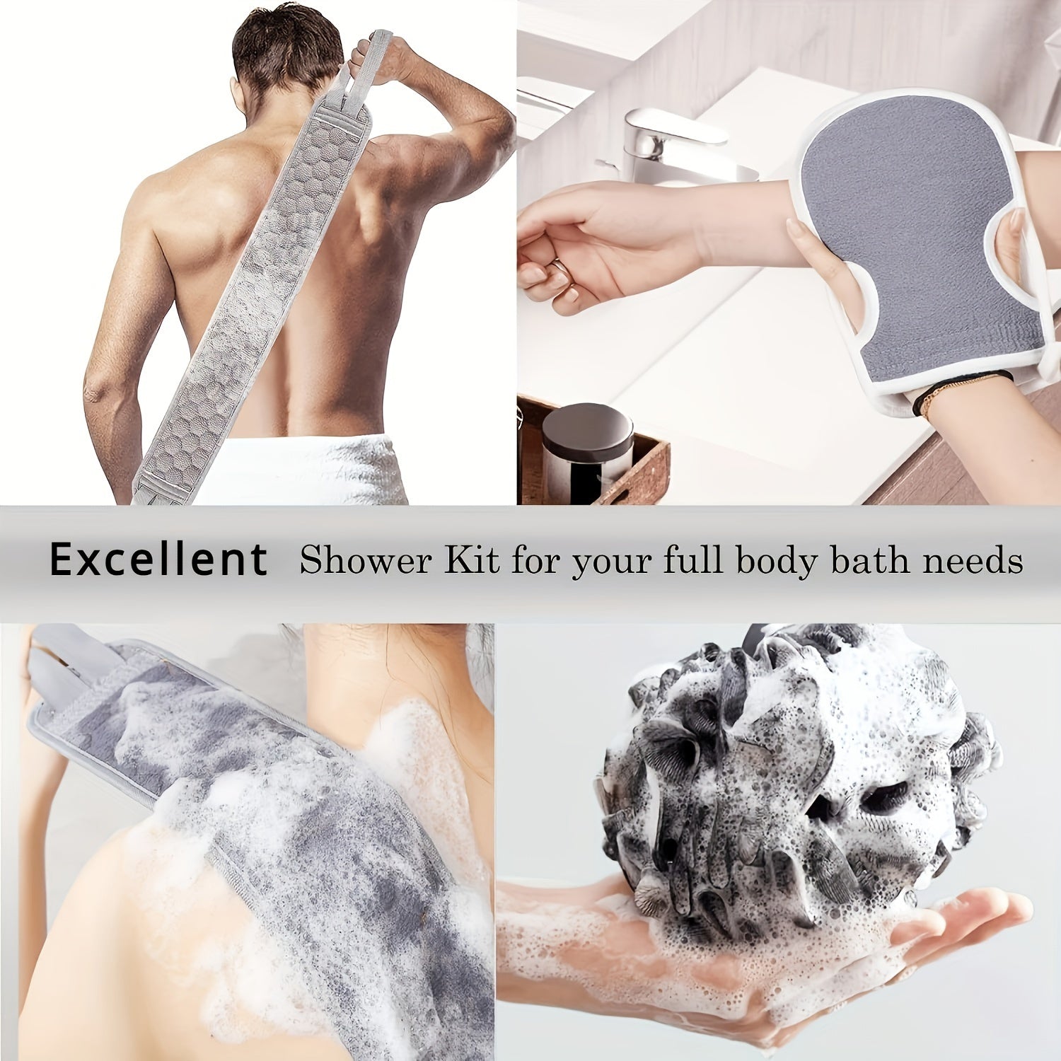 3-in-1 Exfoliating Shower Kit – Back Scrubber, Body Glove & Shower Pouf