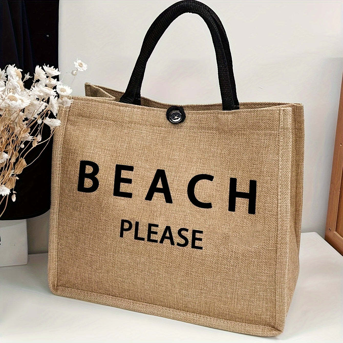 1pc Large Capacity Casual Beach Tote Bag for Women, Fashionable Letter Print, Fabric, Lightweight with Fixed Shoulder Strap, Snap Closure, Hand Washable, Suitable for Work, School, Shopping, and Travel TARHUS