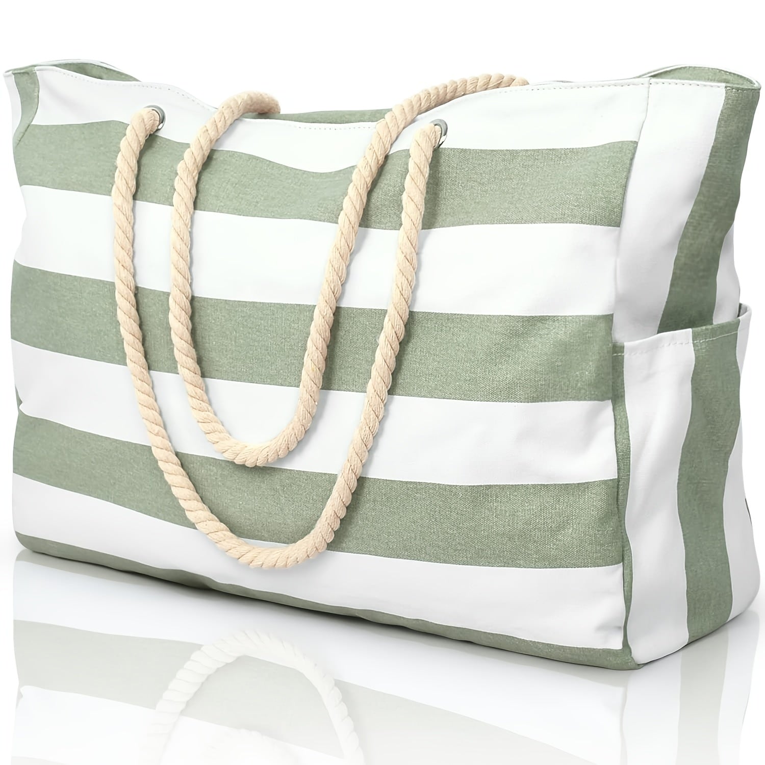 [Striped Beach Tote] Large Striped Canvas Beach Tote Bag with Zipper Closure | 1pc Foldable Shoulder Shopping Bag for Travel & Swimming, Non, Tassel Detail TARHUS