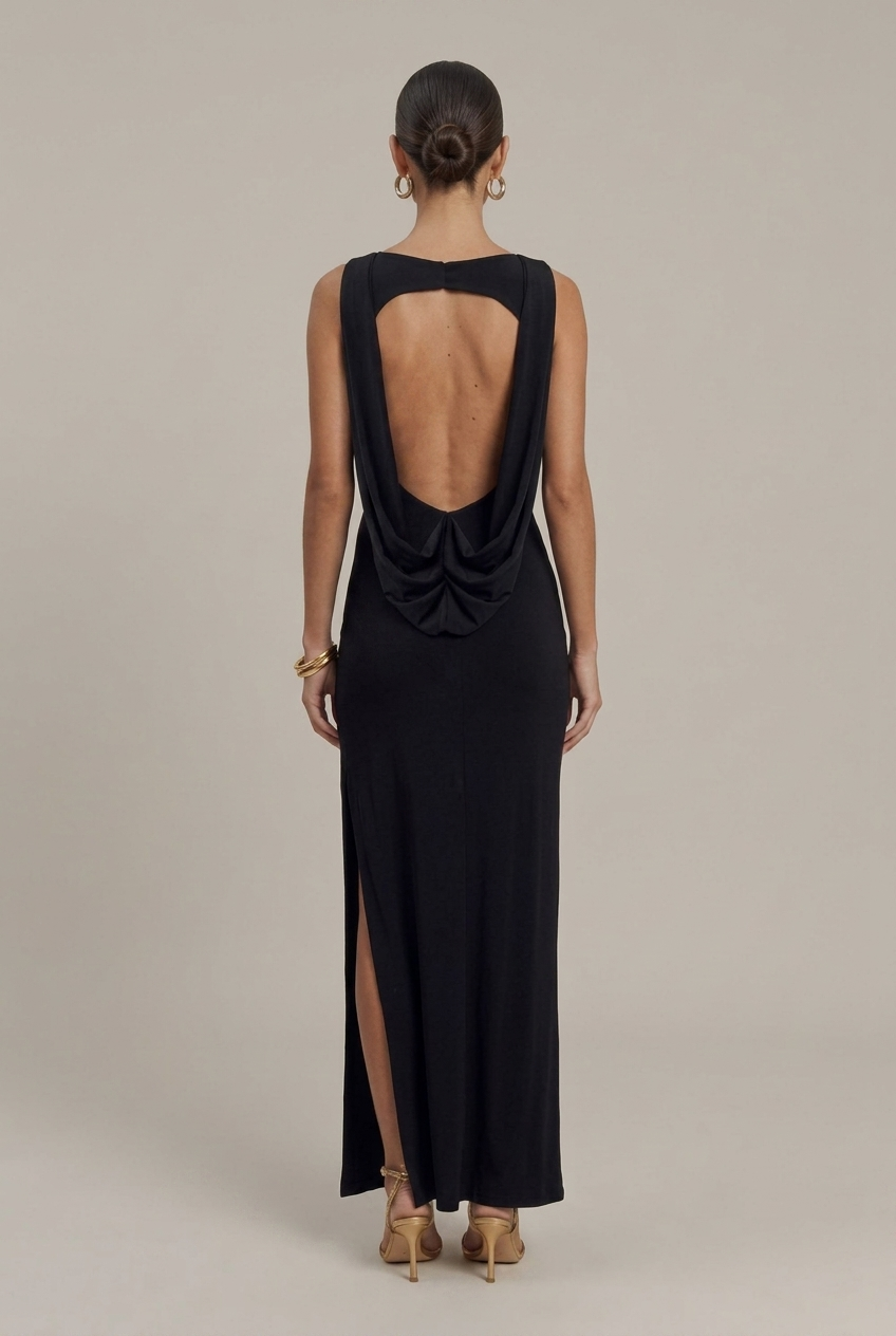 Women's Sleeveless Round Neck Ruched Backless Side Slit Maxi Dress TARHUS  Maxi Dress