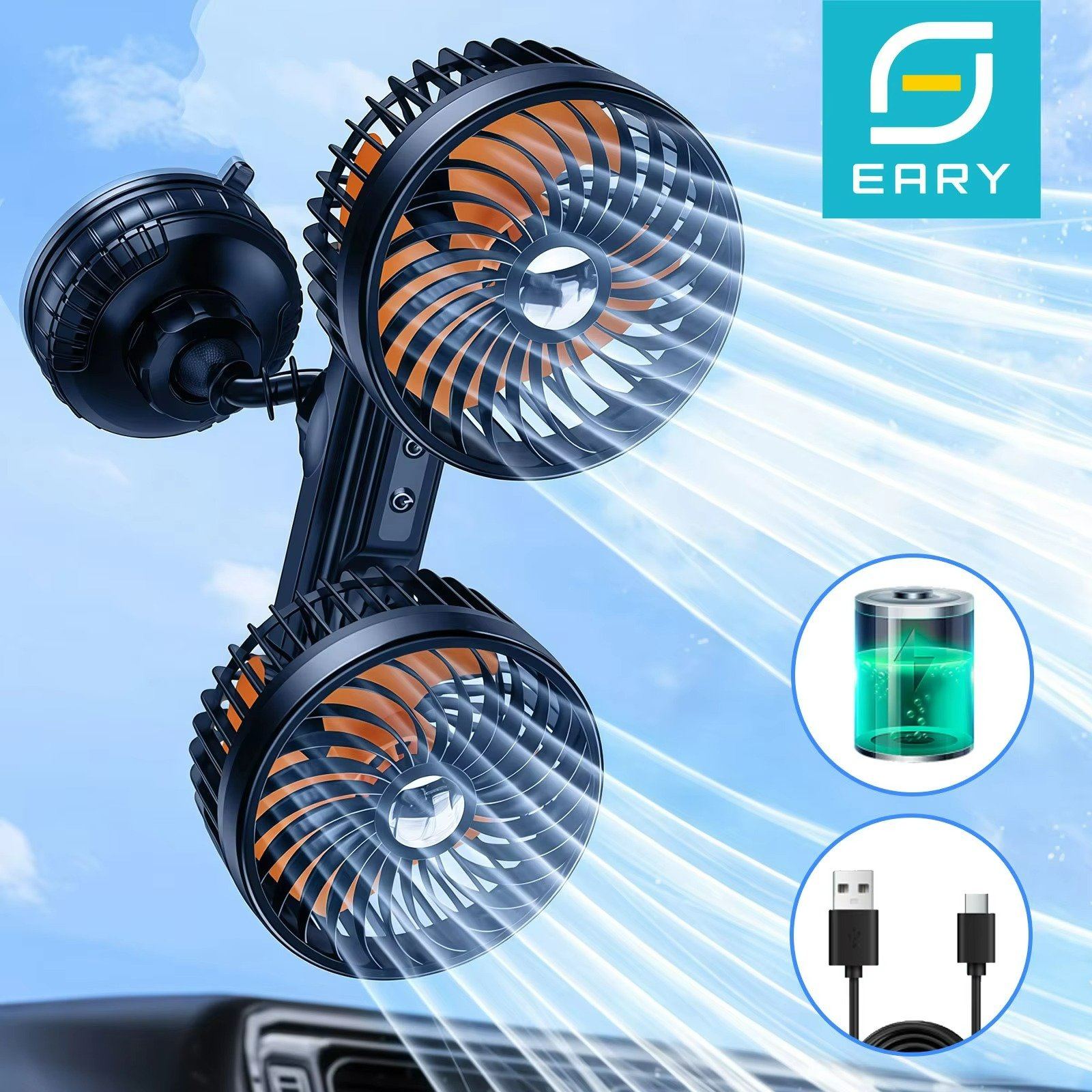 Autovent | Car Dual Head Fan – Rechargeable Cooling with Suction Cup & 3 Speeds