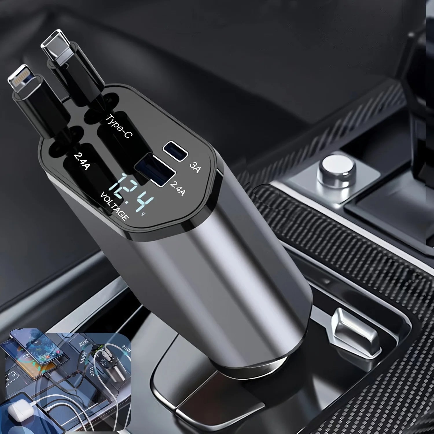 120W Retractable Car Charger – High-Speed Dual Port USB Adapter - TARHUS