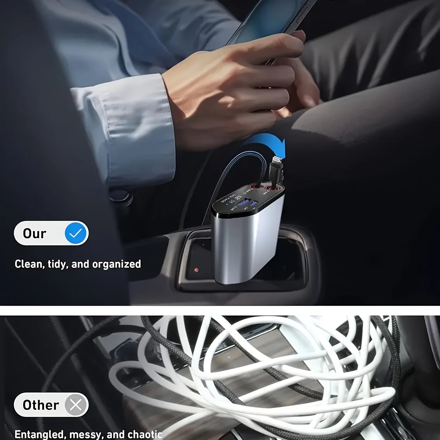 120W Retractable Car Charger – High-Speed Dual Port USB Adapter - TARHUS