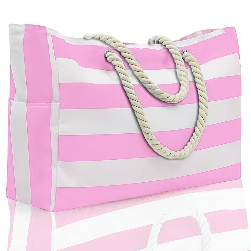 [Striped Beach Tote] Large Striped Canvas Beach Tote Bag with Zipper Closure | 1pc Foldable Shoulder Shopping Bag for Travel & Swimming, Non, Tassel Detail TARHUS