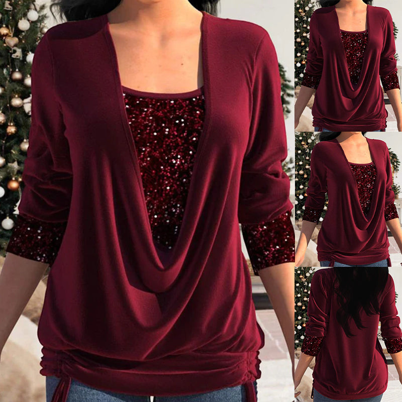 Sequin Loose Smocked Fake Two-Piece Top - TARHUS