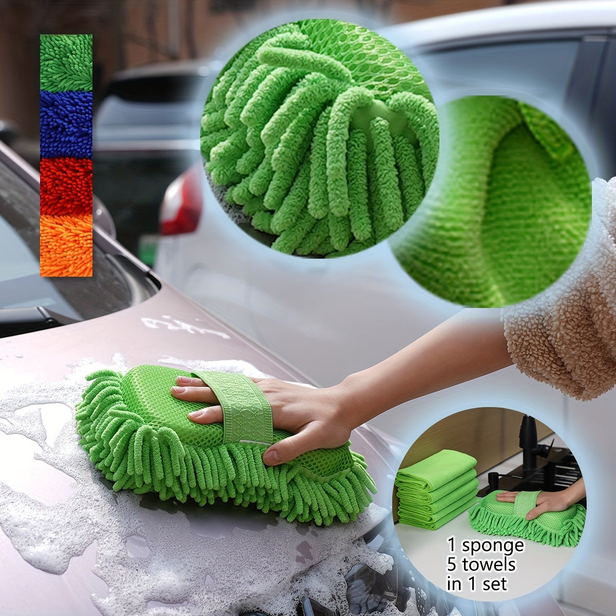6-Piece Microfiber Car Wash Sponge & Towel Set – Super Absorbent, Scratch-Free Cleaning Kit for Auto, Home & Kitchen Use