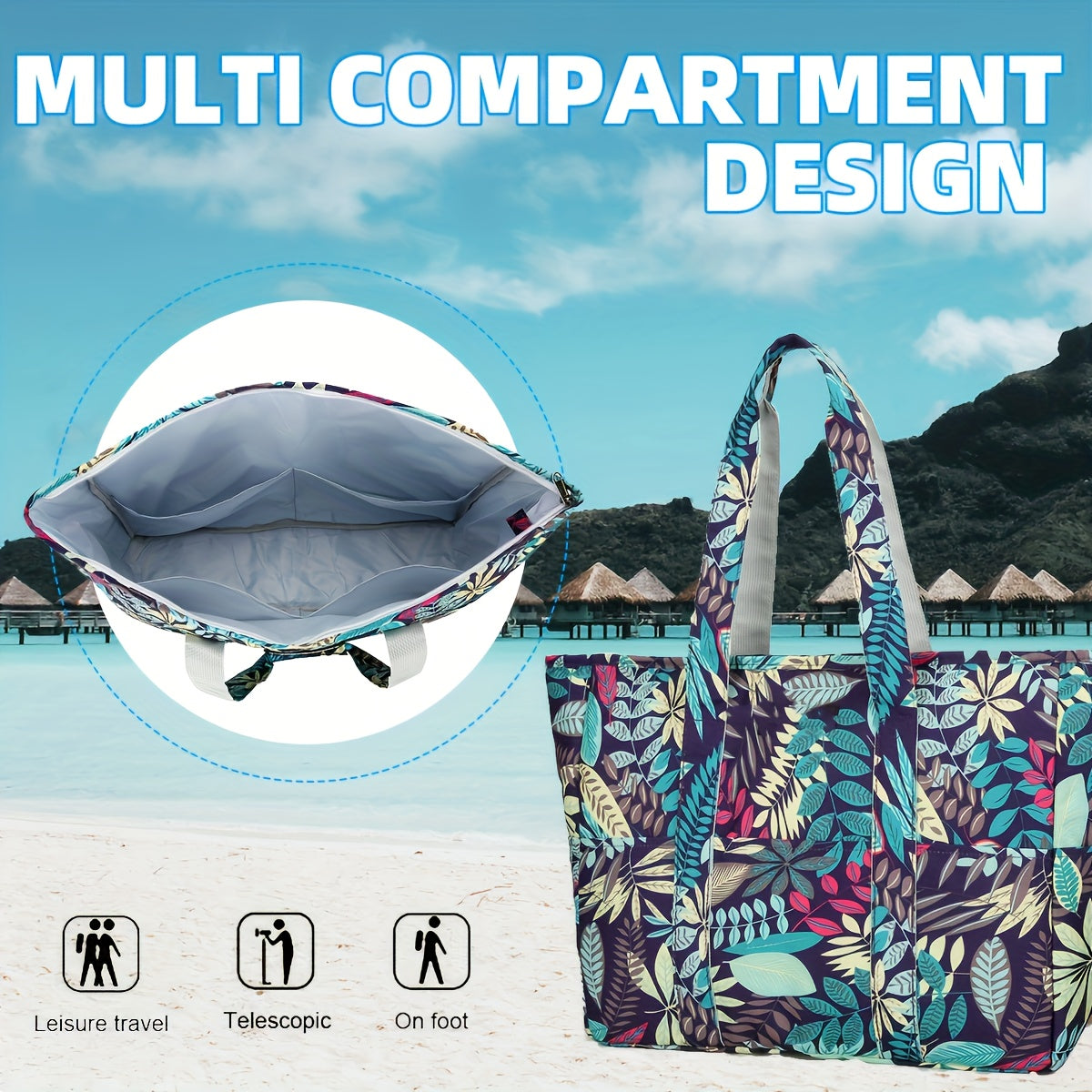 1pc Beach Bags for Women Tote Bag, Large Beach Bag with Zipper for Gym Travel Vocation, Floral tote bag TARHUS