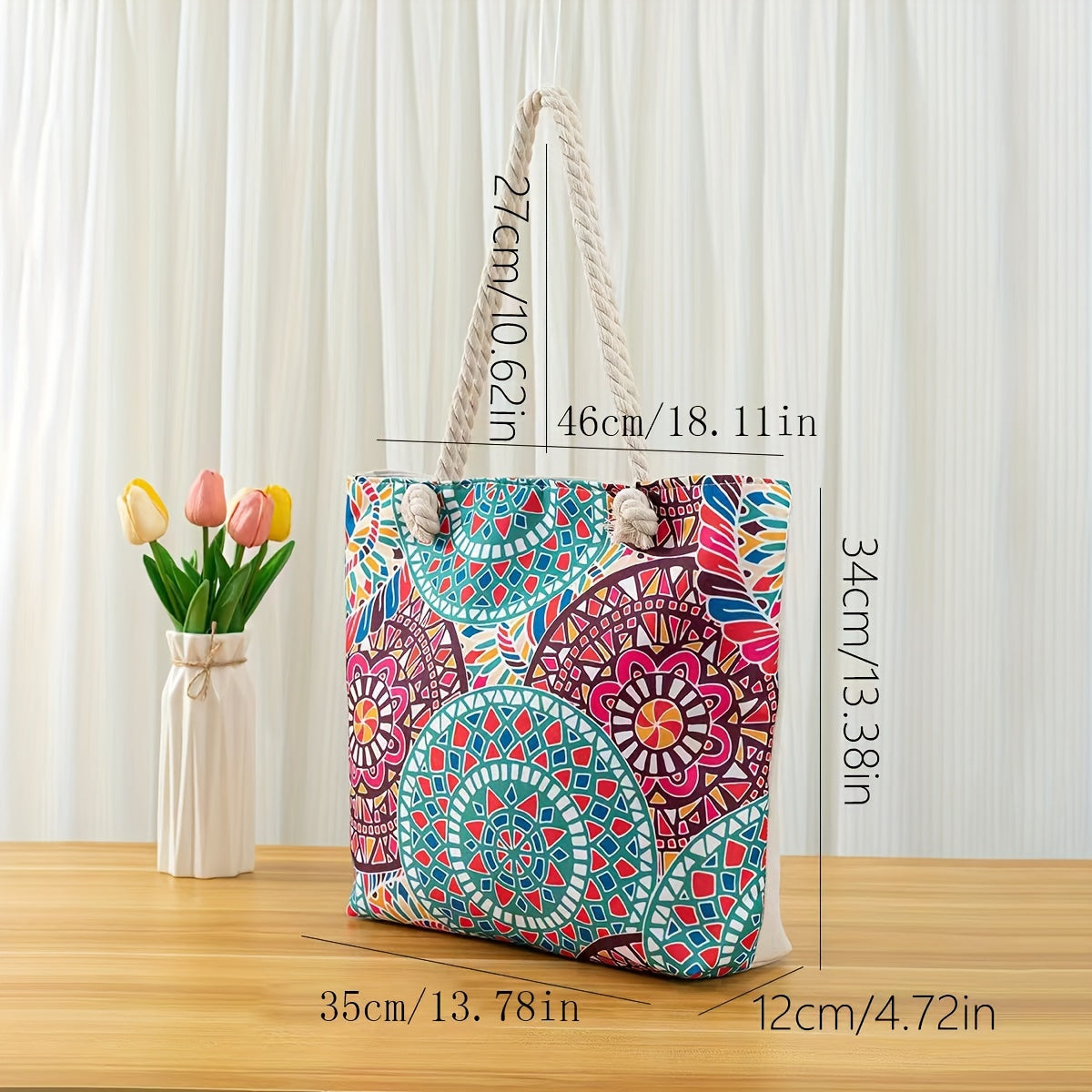 Stylish Blue Mandala Print Tote Bag for Women - Casual Shoulder Bag with Rope Handles, Vibrant Floral Patterns, Zip Closure, Perfect for Vacation Or Everyday Use, Vacation Tote Bag | Trendy Women'S Bag | Woven Texture, Novelty Purse TARHUS