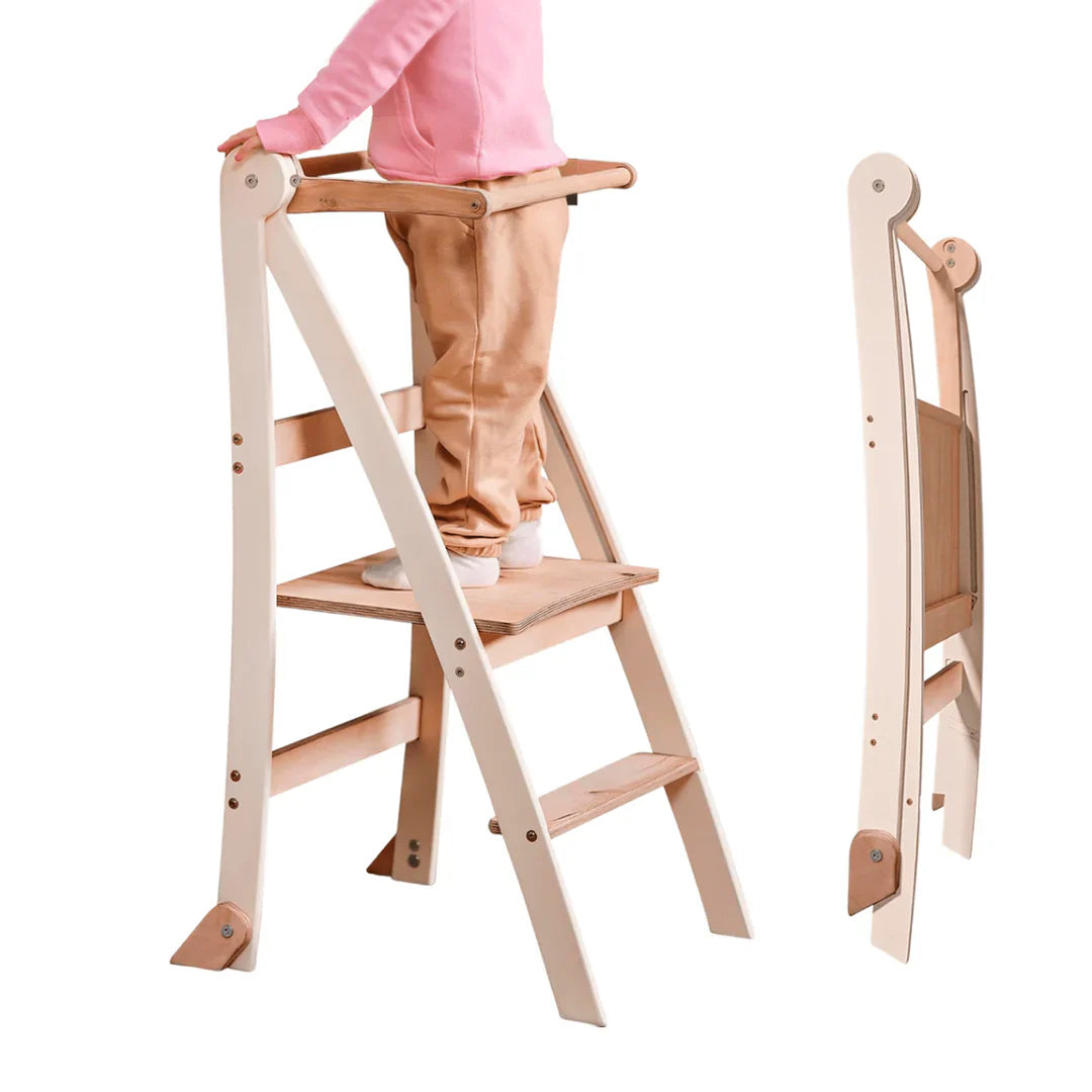 Folding Growing Chair– Montessori Step Stool with Safety Rails for Toddlers – White - TARHUS