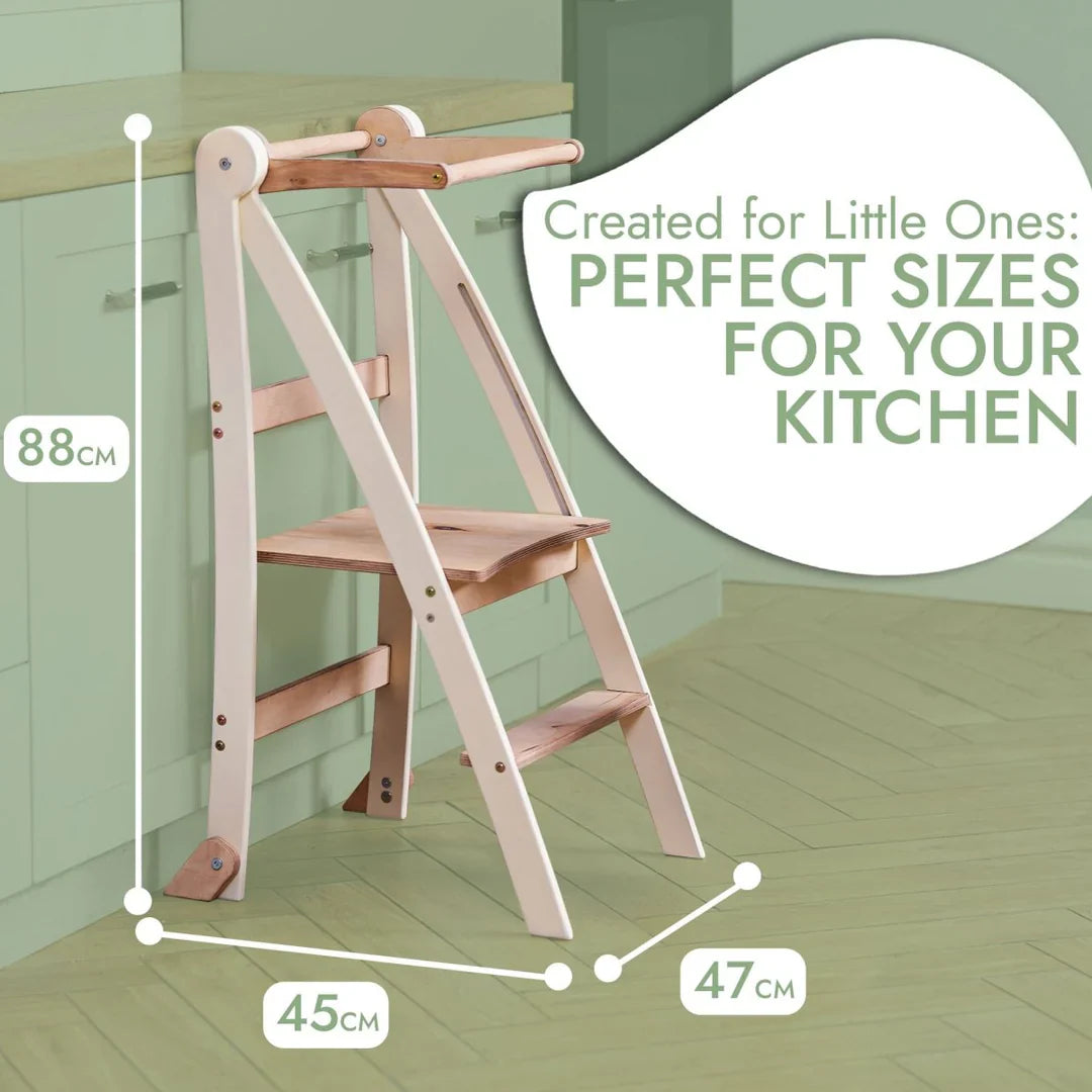 Folding Growing Chair– Montessori Step Stool with Safety Rails for Toddlers – White - TARHUS