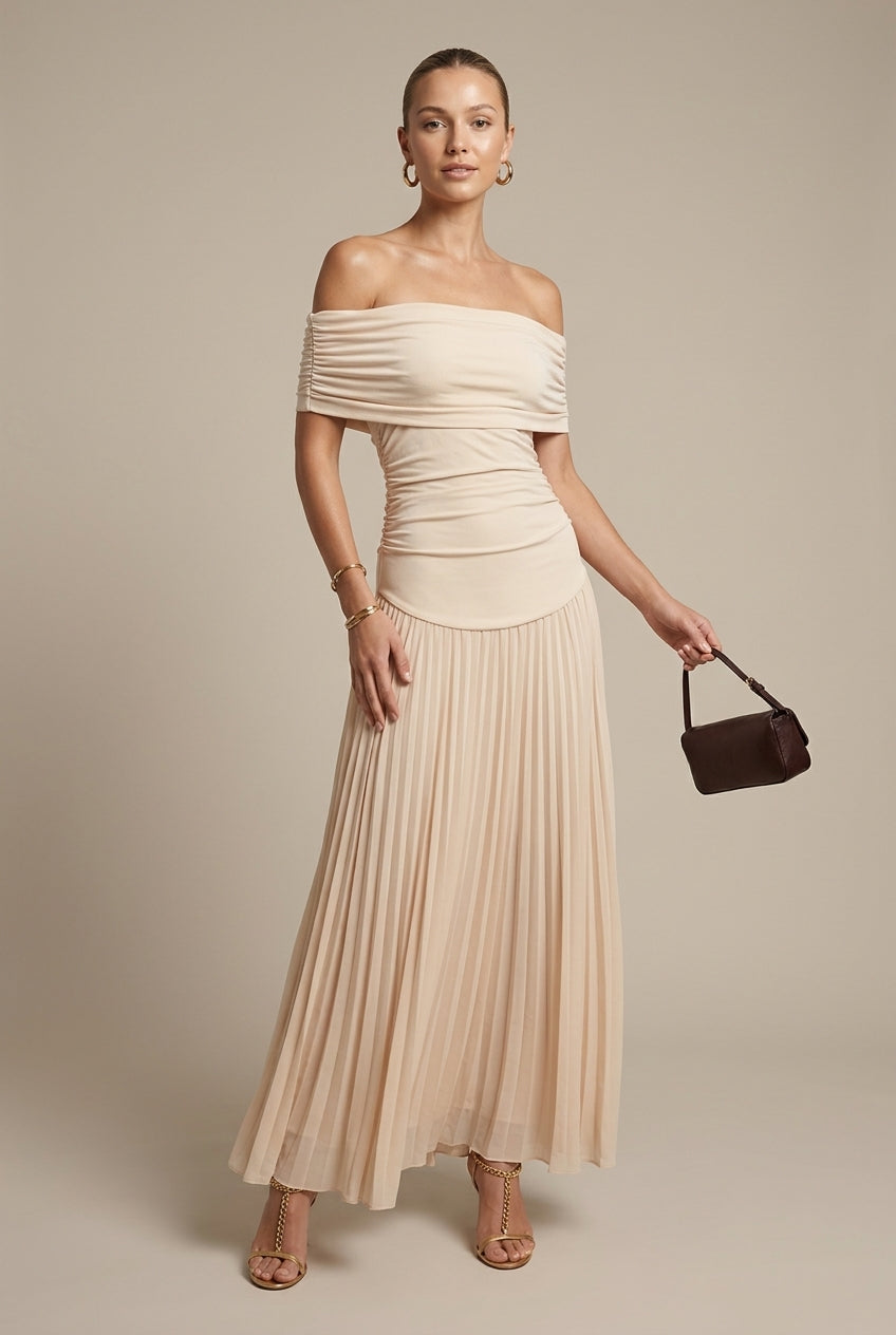 Women's Off Shoulder Pleated Maxi Dress - Ruched - Wedding Guest TARHUS  Maxi Dresses