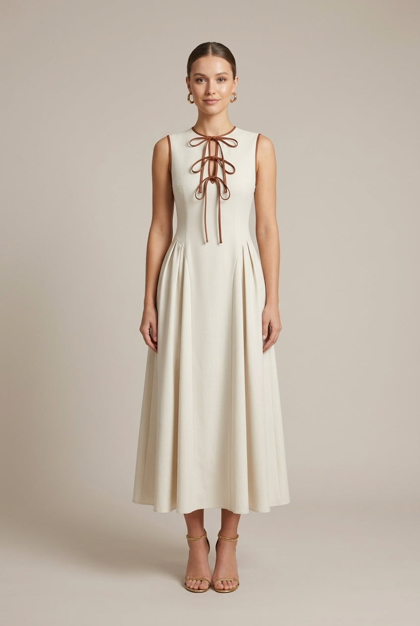 Women's Sleeveless Maxi Dress - Bow Tie Front Drop Waist A-Line Skirt TARHUS  Maxi Dresses