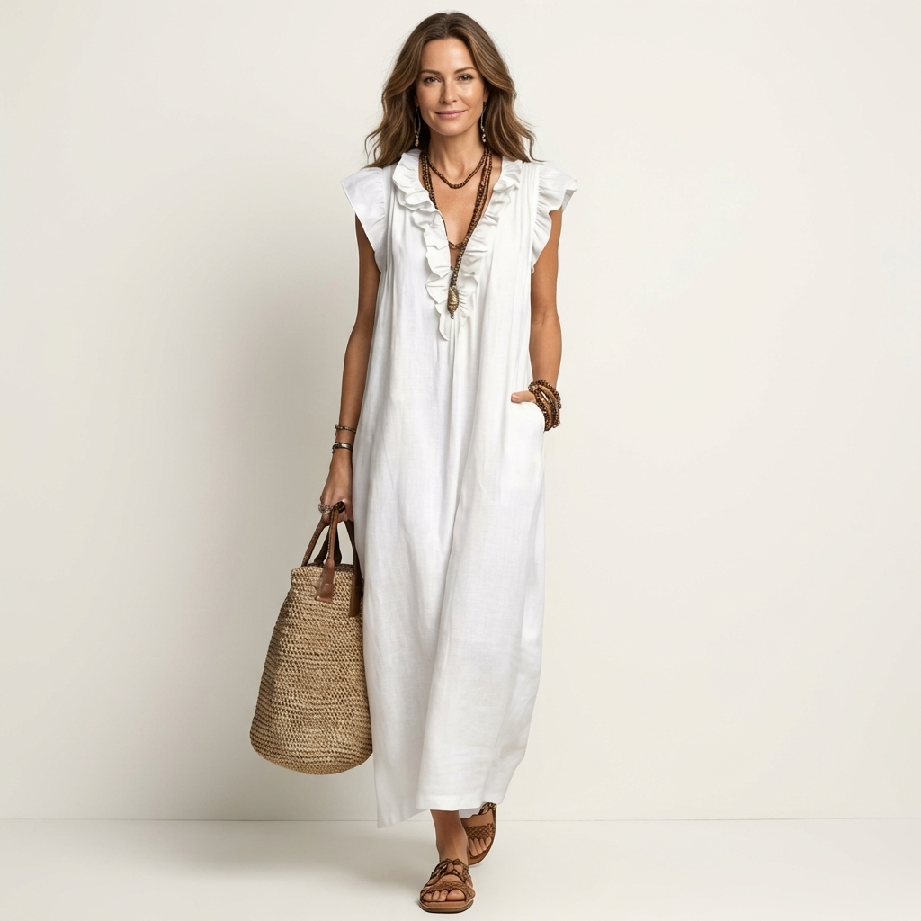 Josette | Ruffle V-Neck Linen Maxi Dress TARHUS  Dresses