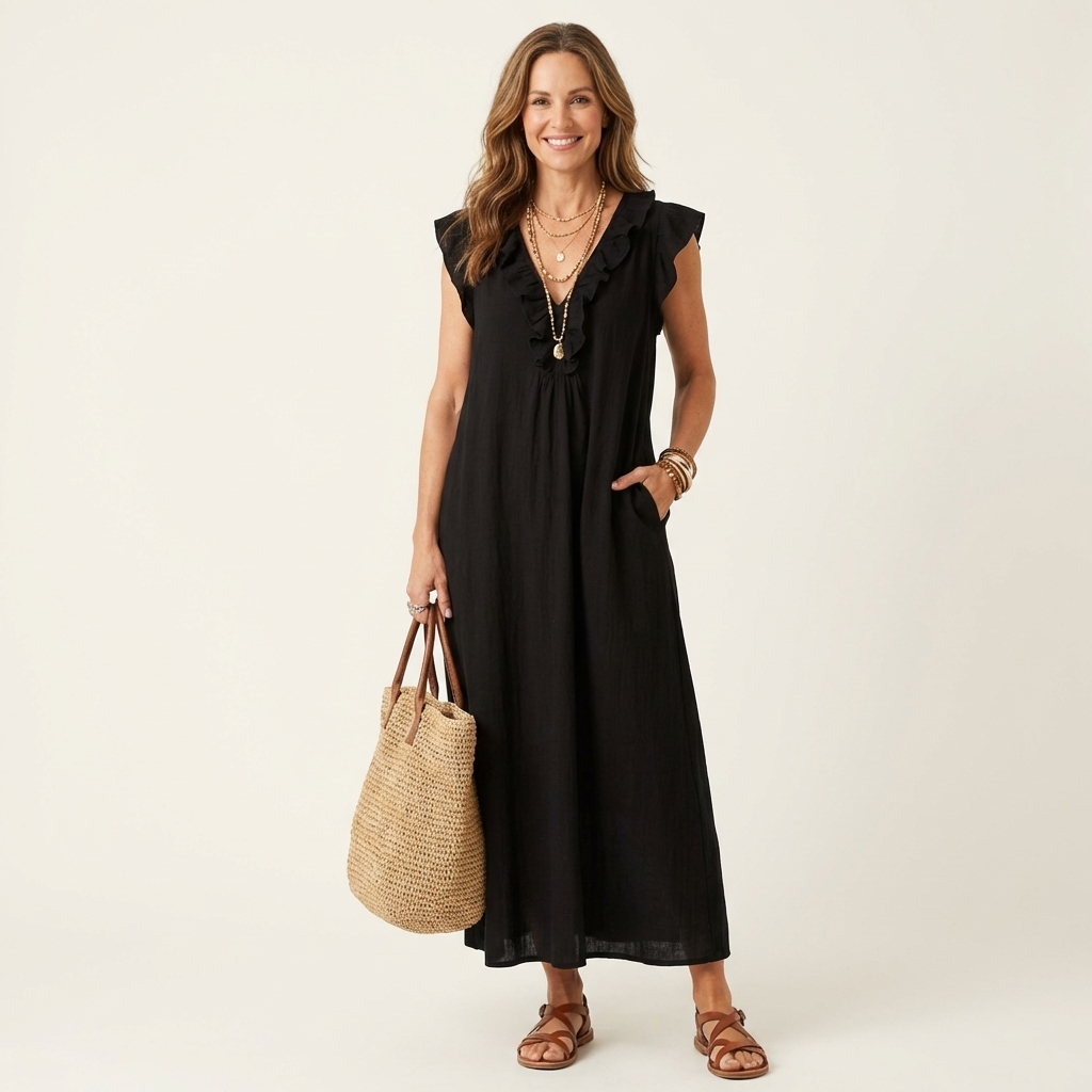 Josette | Ruffle V-Neck Linen Maxi Dress TARHUS  Dresses