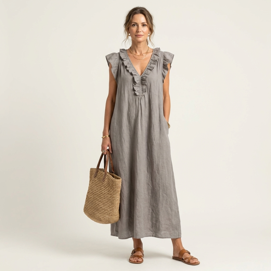 Josette | Ruffle V-Neck Linen Maxi Dress TARHUS  Dresses