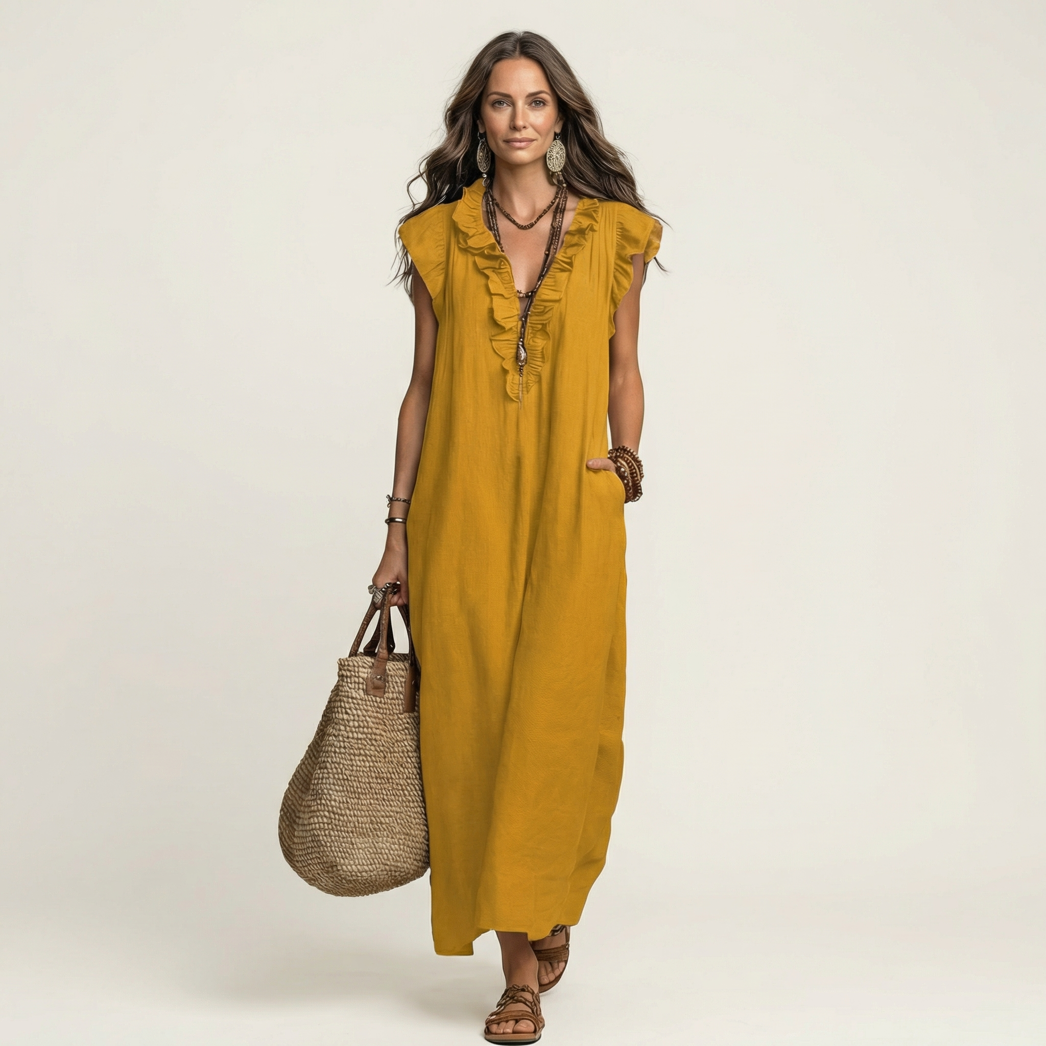 Josette | Ruffle V-Neck Linen Maxi Dress TARHUS  Dresses