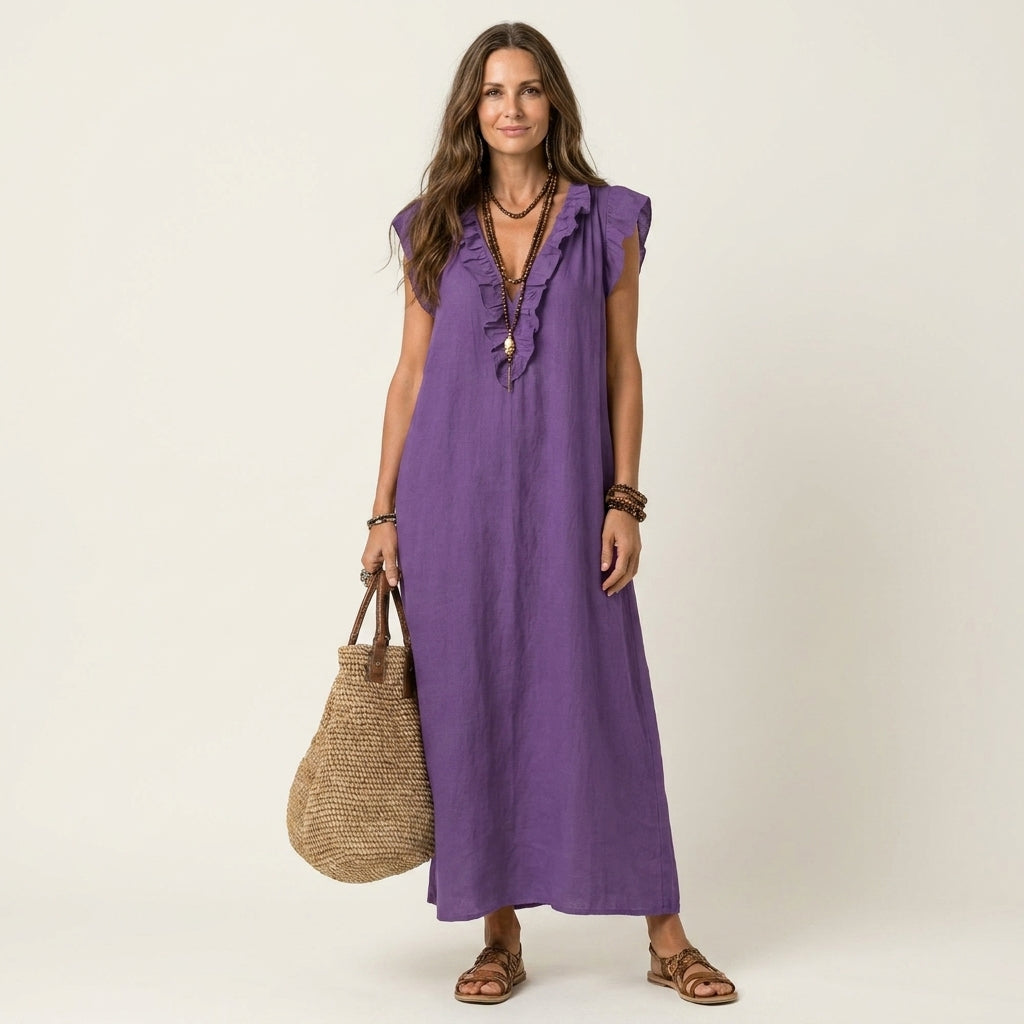 Josette | Ruffle V-Neck Linen Maxi Dress TARHUS  Dresses