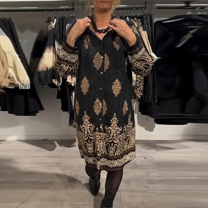 Vintage Print Shirt Dress – Long Lantern Sleeves, Lapel Collar & Button Front TARHUS  Dresses