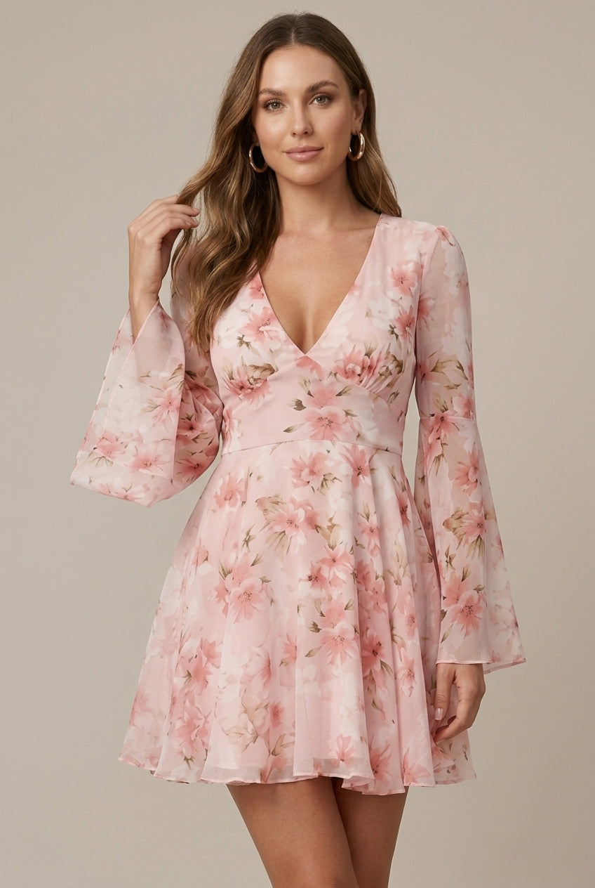 Women's Floral V-Neck Bell Sleeve Fit and Flare Mini Dress TARHUS  Mini Dresses