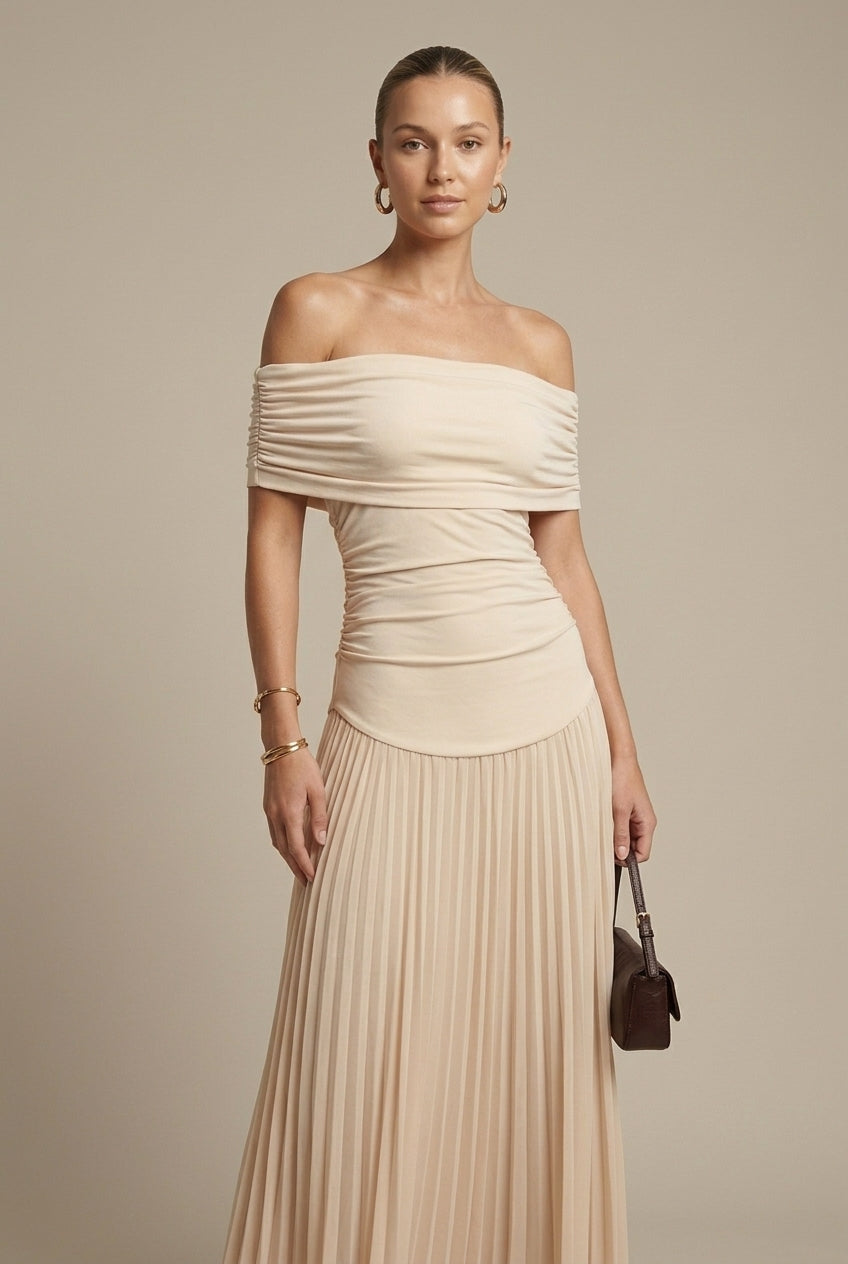 Women's Off Shoulder Pleated Maxi Dress - Ruched - Wedding Guest TARHUS  Maxi Dresses