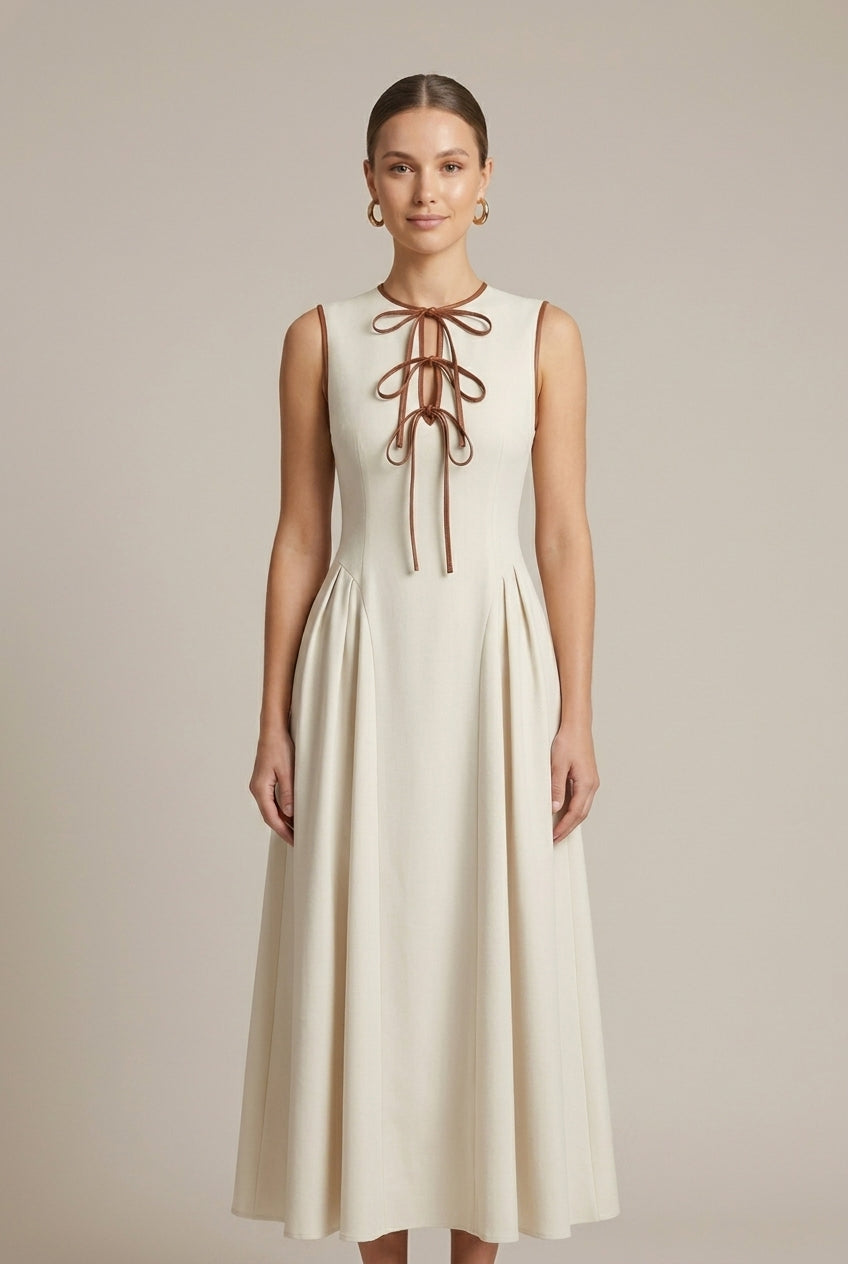 Women's Sleeveless Maxi Dress - Bow Tie Front Drop Waist A-Line Skirt TARHUS  Maxi Dresses