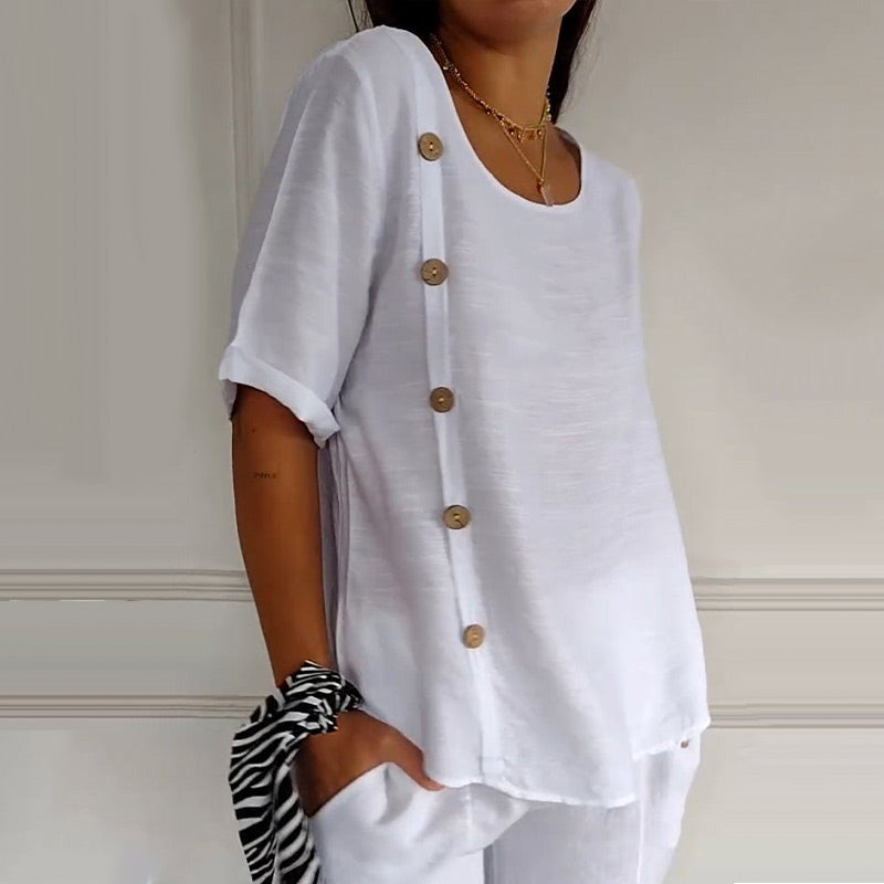Women's Crew Neck Side Button Blouse - TARHUS