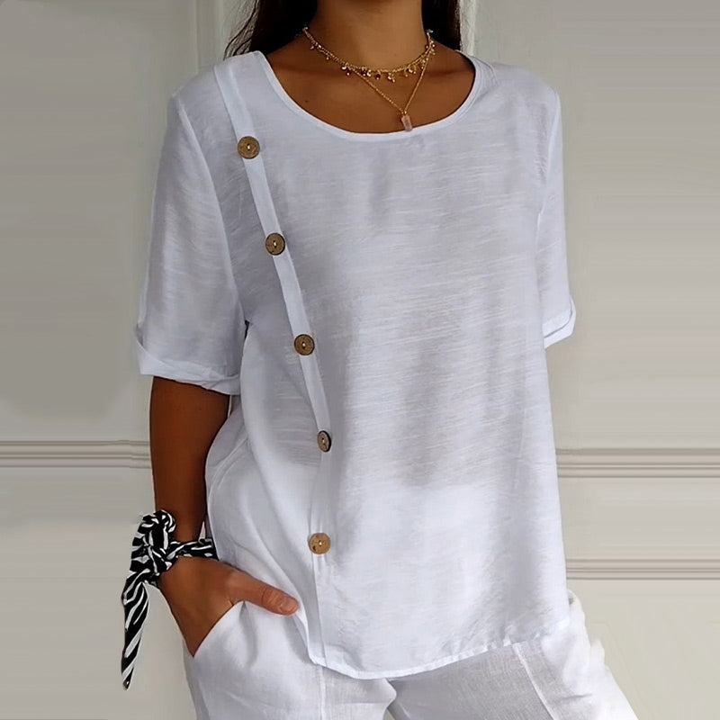 Women's Crew Neck Side Button Blouse - TARHUS