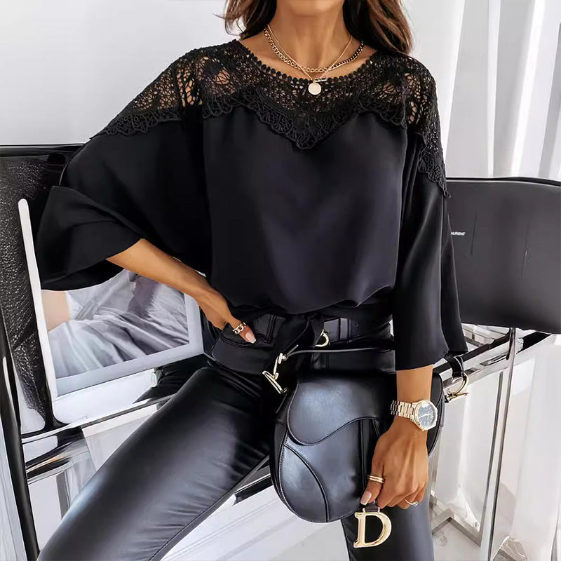 Women's Autumn 3/4 Sleeves Sexy Lace Sewn Elegant Vintage Style Blouse. - TARHUS