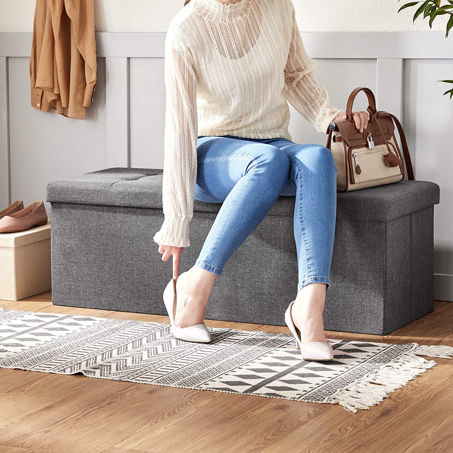 Storage Ottoman Bench Fabric Large - Grey - TARHUS