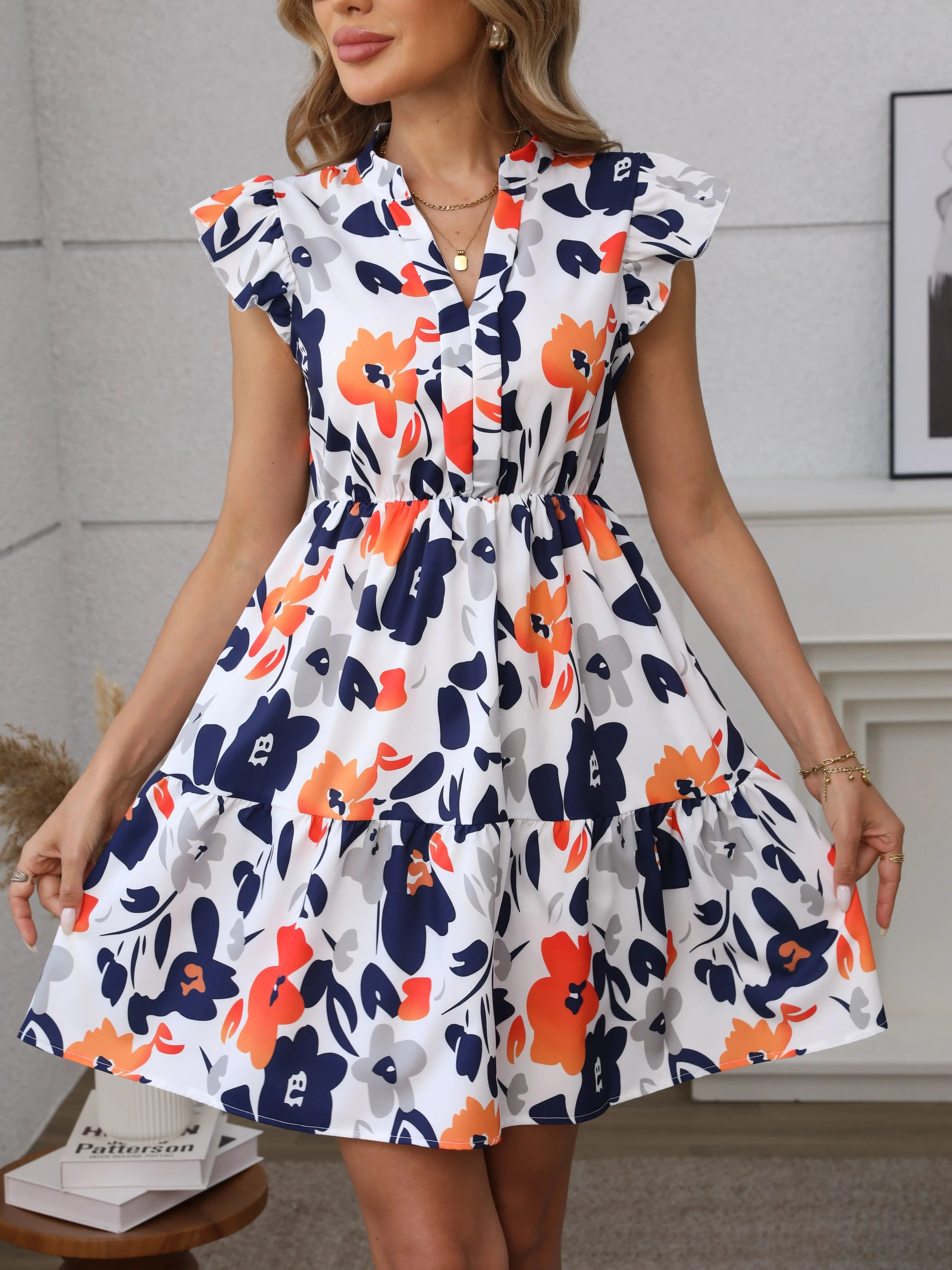 Tiered Mini Floral Dress with V-neck, Flutter Sleeves for Women TARHUS  SS - Womens - Mini Dress